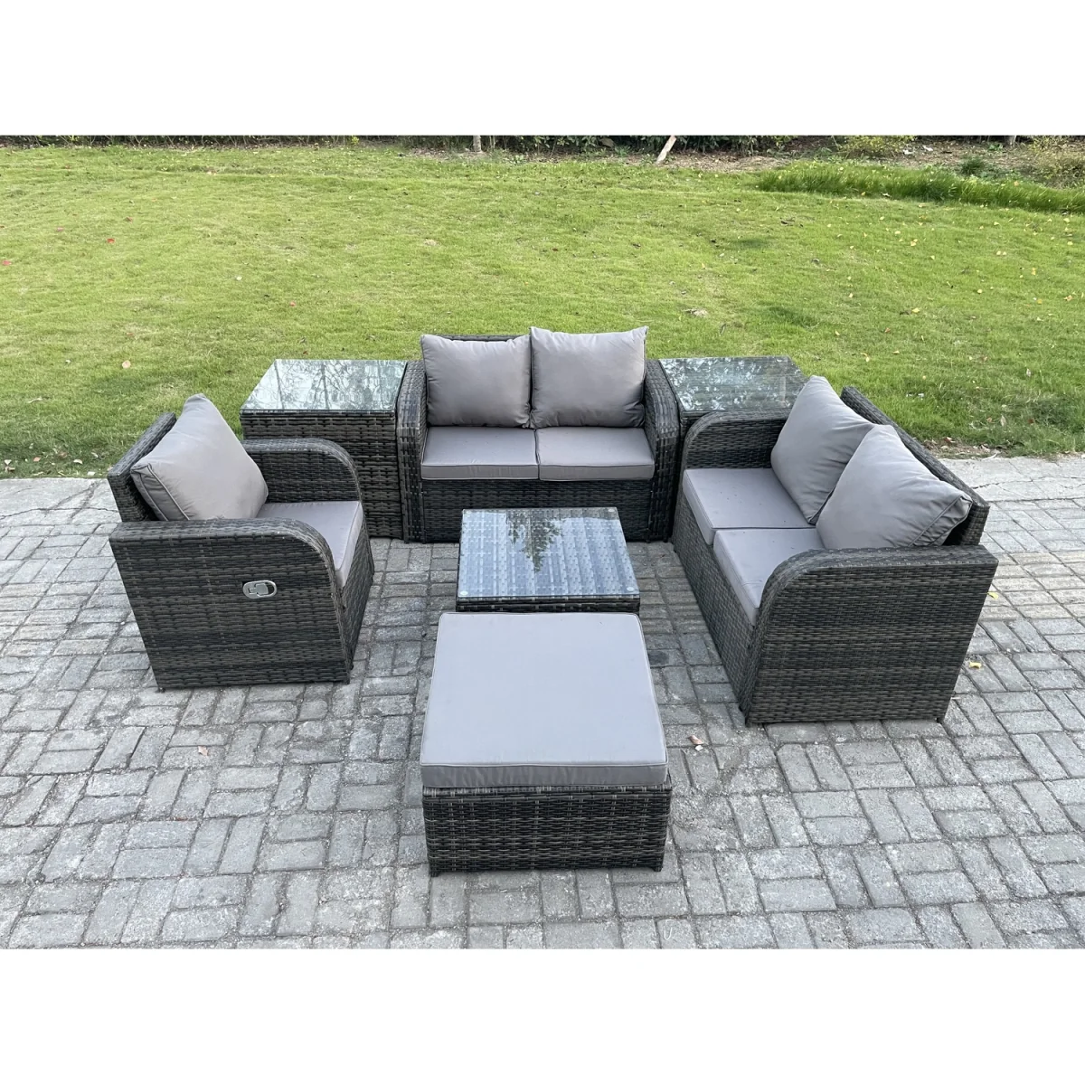 Fimous 7-Piece 6-Seater PE Rattan Outdoor Patio Set with Tempered Glass Tables and Reclining Chairs. - Dark Grey Mixed – image 4