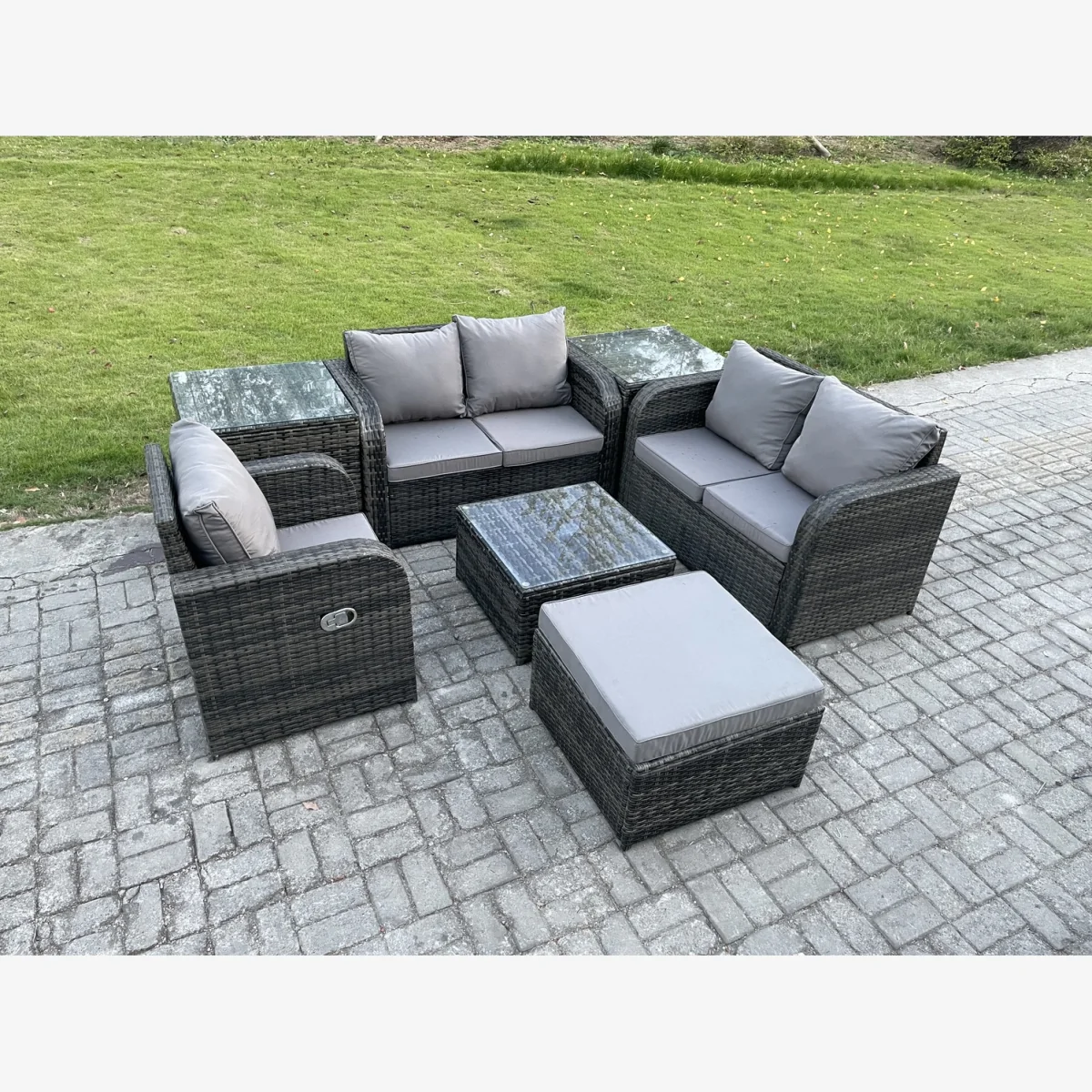 Fimous 7-Piece 6-Seater PE Rattan Outdoor Patio Set with Tempered Glass Tables and Reclining Chairs. - Dark Grey Mixed – image 1