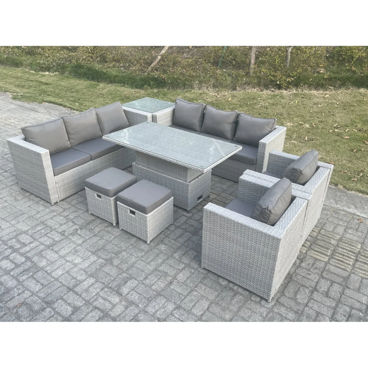 Rattan Garden Funiture Set Height Lounge Chair Side Table Stool - Light Grey Mixed – image 3