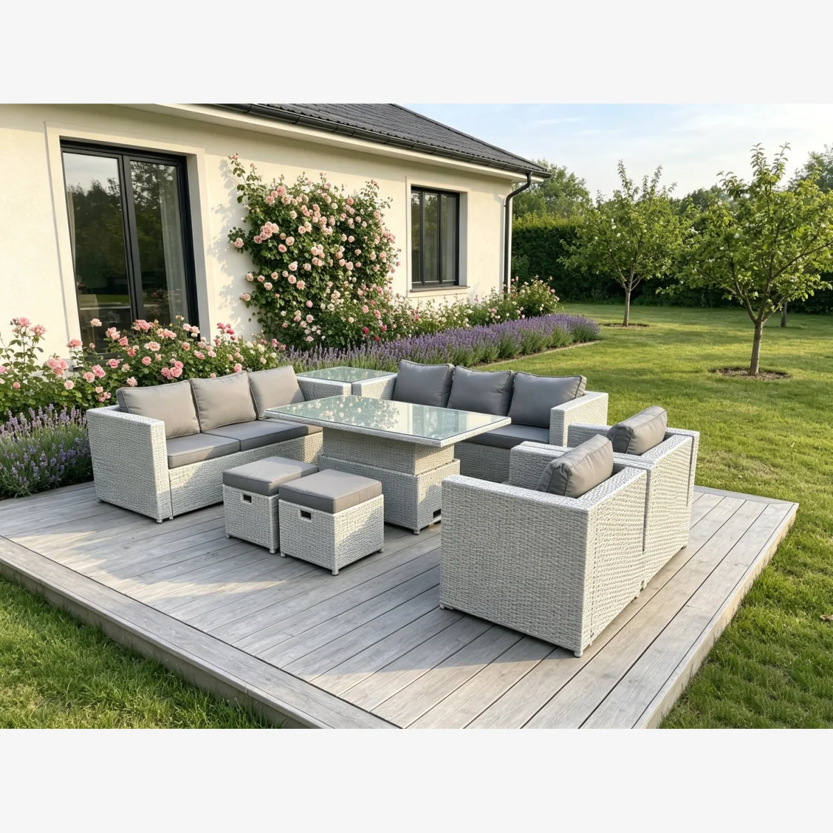Rattan Garden Funiture Set Height Lounge Chair Side Table Stool - Light Grey Mixed – image 1