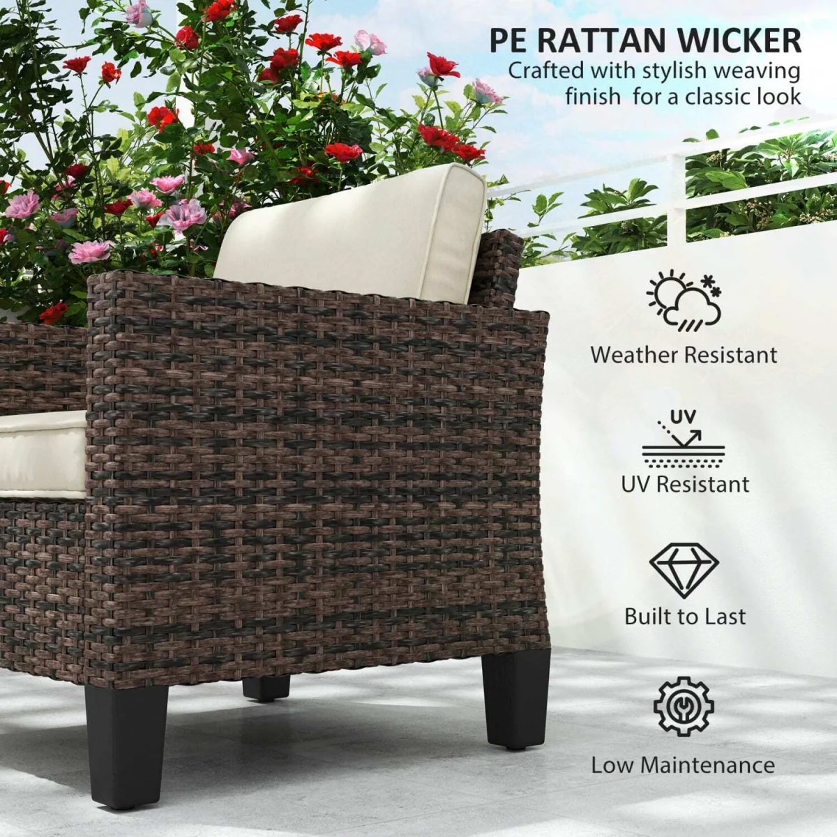 Sune Rattan Brown Outdoor Armchair with Cream Cushion – image 4