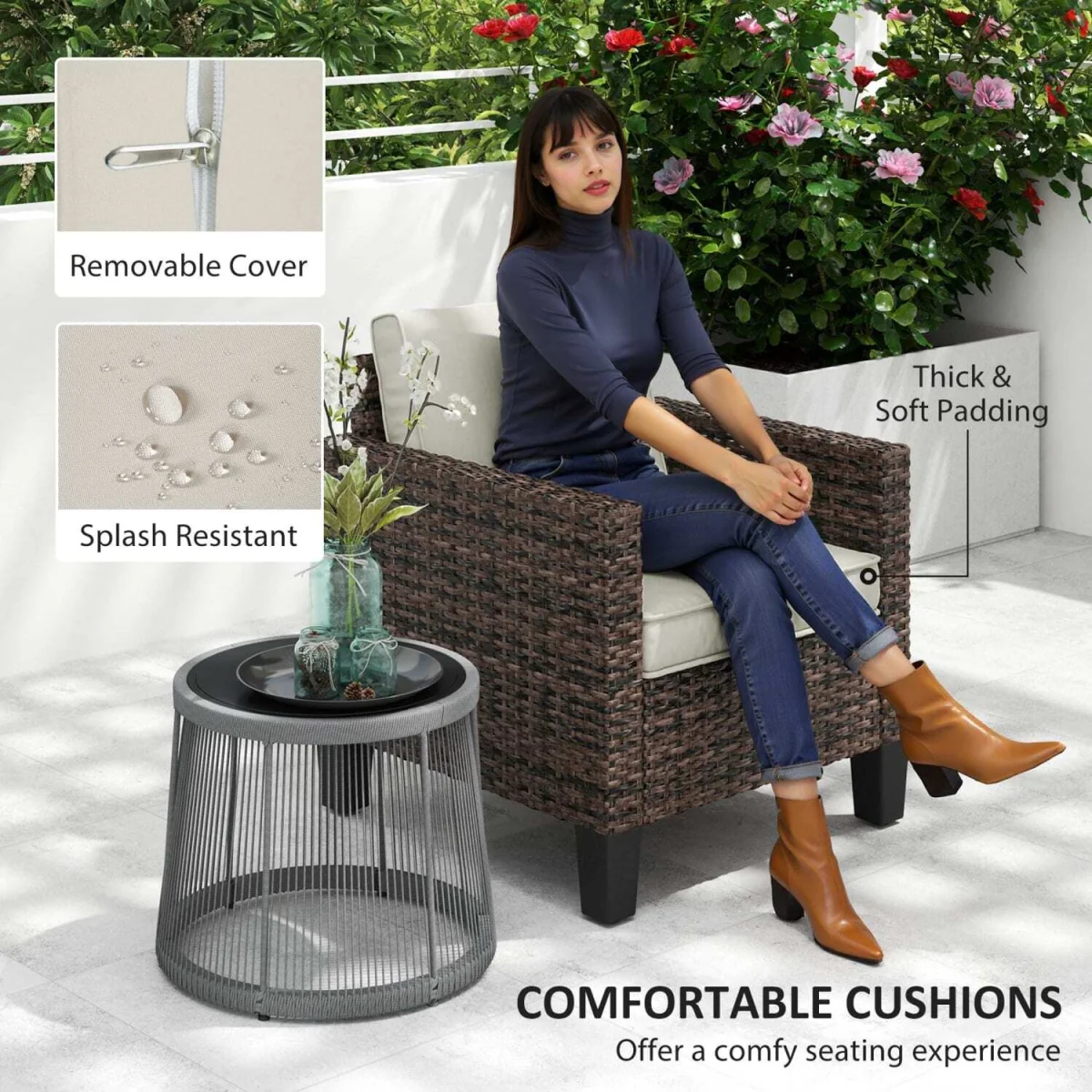 Sune Rattan Brown Outdoor Armchair with Cream Cushion – image 5
