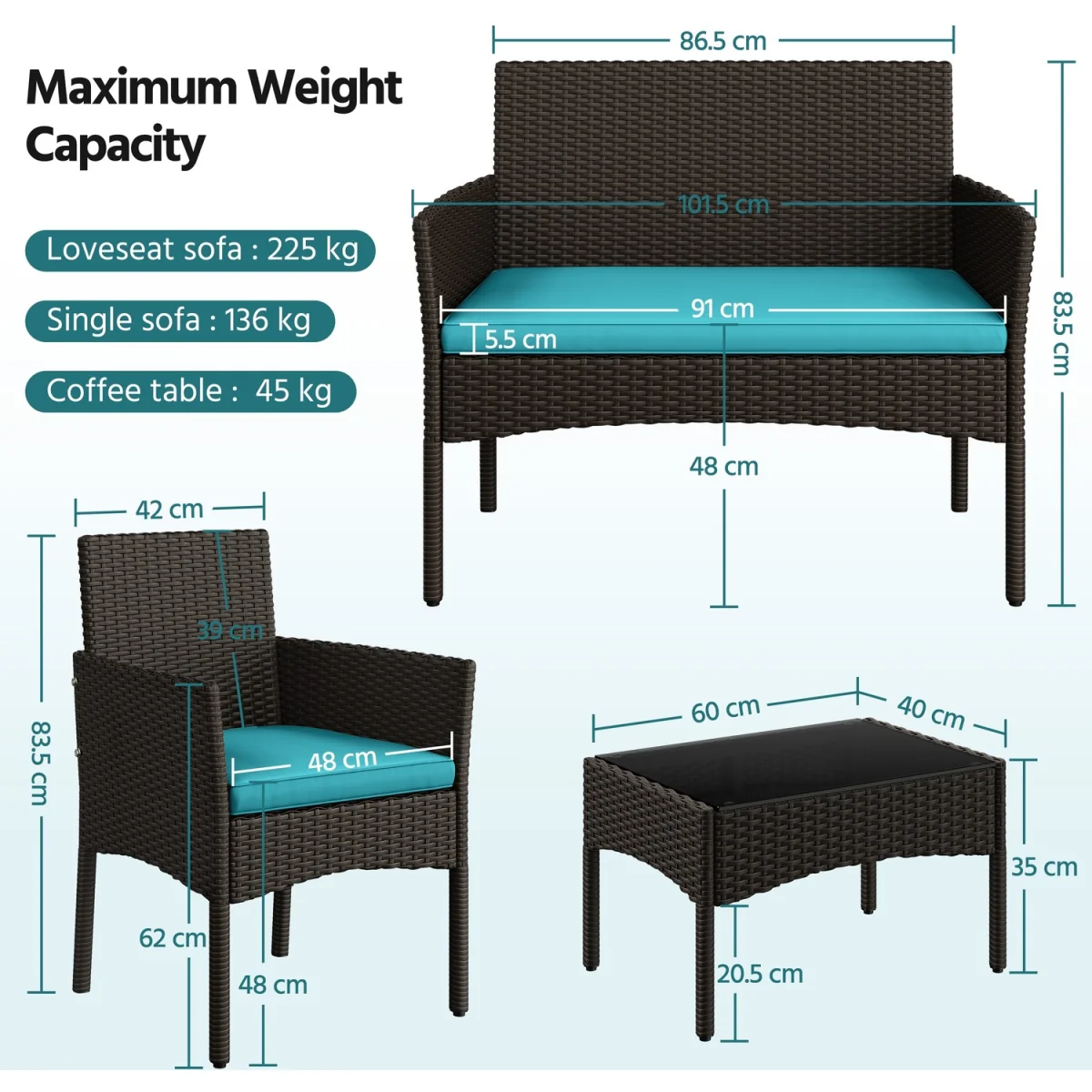 Set of 4 Outdoor Reception Table and Chair Set - Brown - Brown/Cyan – image 3