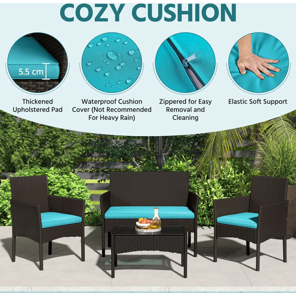 Set of 4 Outdoor Reception Table and Chair Set - Brown - Brown/Cyan – image 4