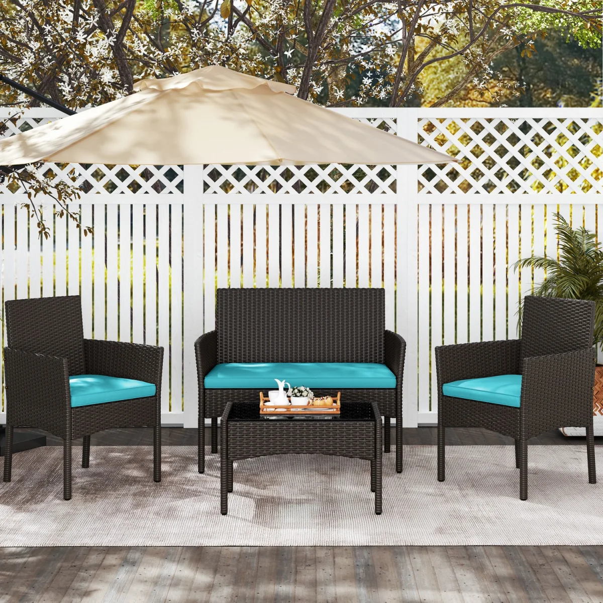 Set of 4 Outdoor Reception Table and Chair Set - Brown - Brown/Cyan – image 1