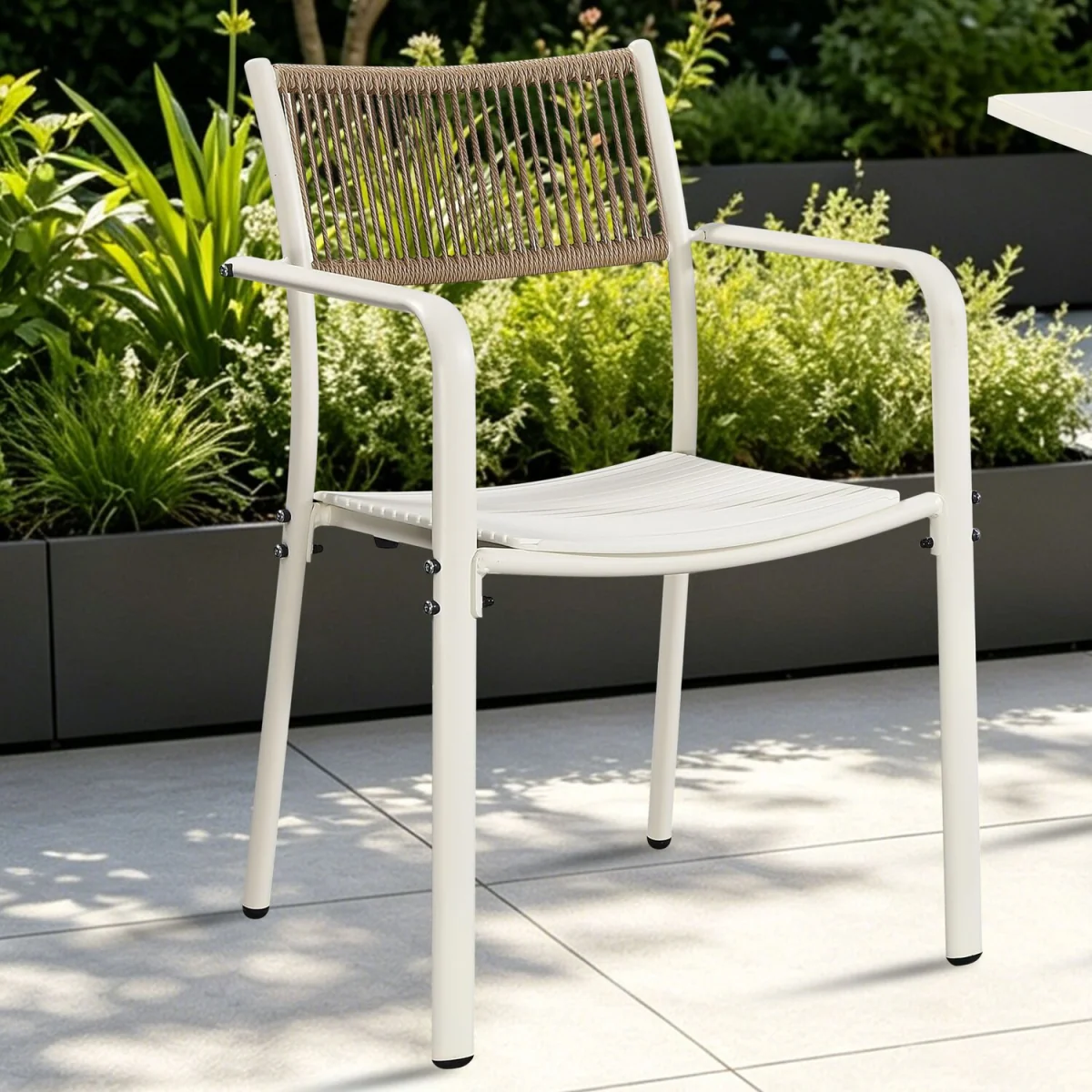 Pair of Rope Back Effect Garden Bistro Metal Armchairs - White – image 5