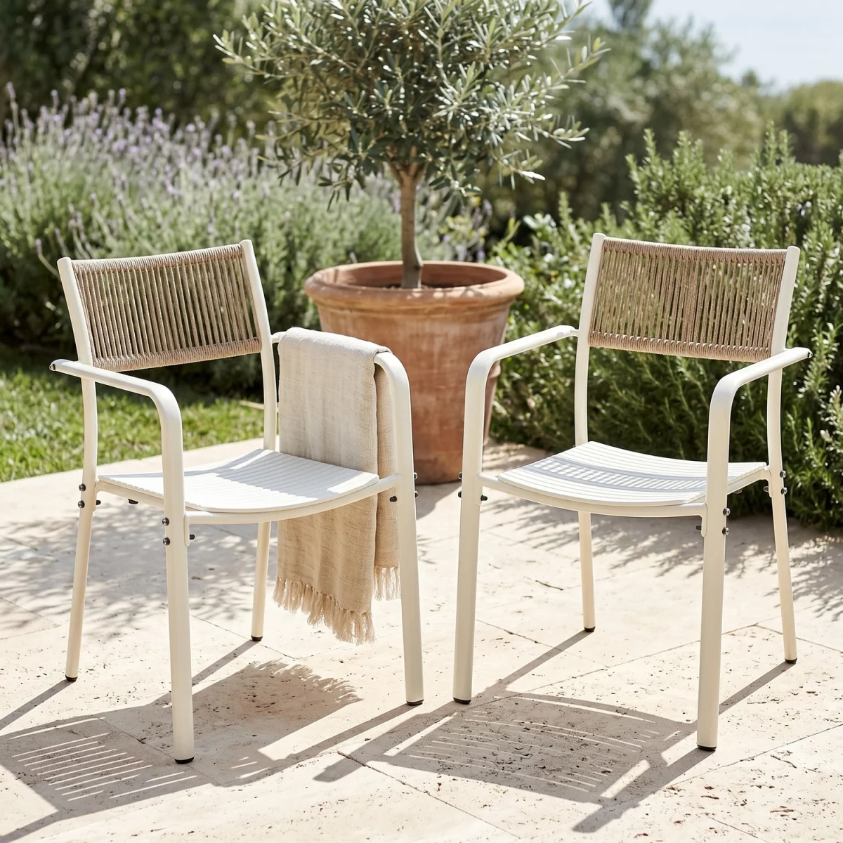 Pair of Rope Back Effect Garden Bistro Metal Armchairs - White – image 6