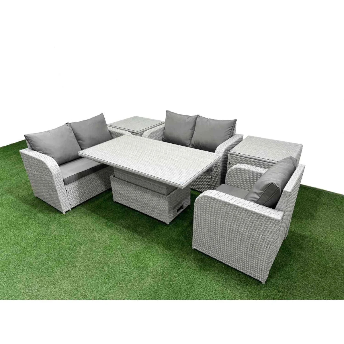 Fimous Poly Rattan Garden Set with Reclining Chair, Loveseat and Lifting Table, Light Grey. - Light Grey – image 5