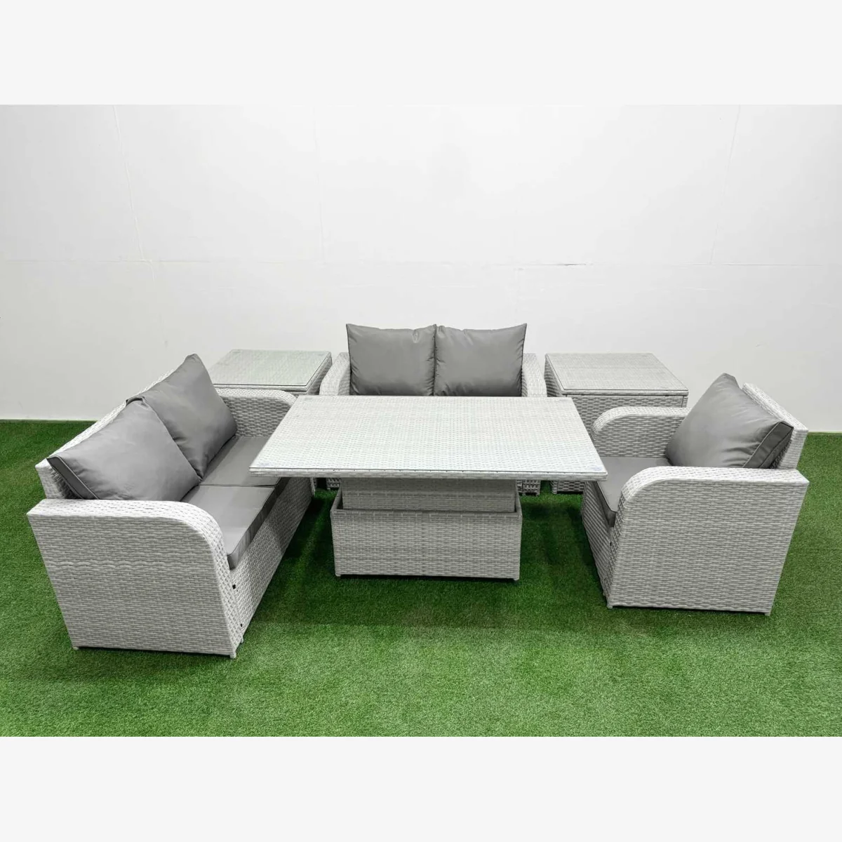 Fimous Poly Rattan Garden Set with Reclining Chair, Loveseat and Lifting Table, Light Grey. - Light Grey – image 1