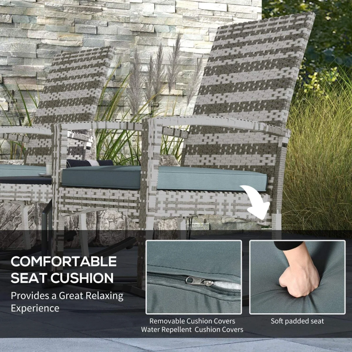 Noreke Set of 2 Light Grey Rattan Garden Rocking Chairs with Cushions – image 2