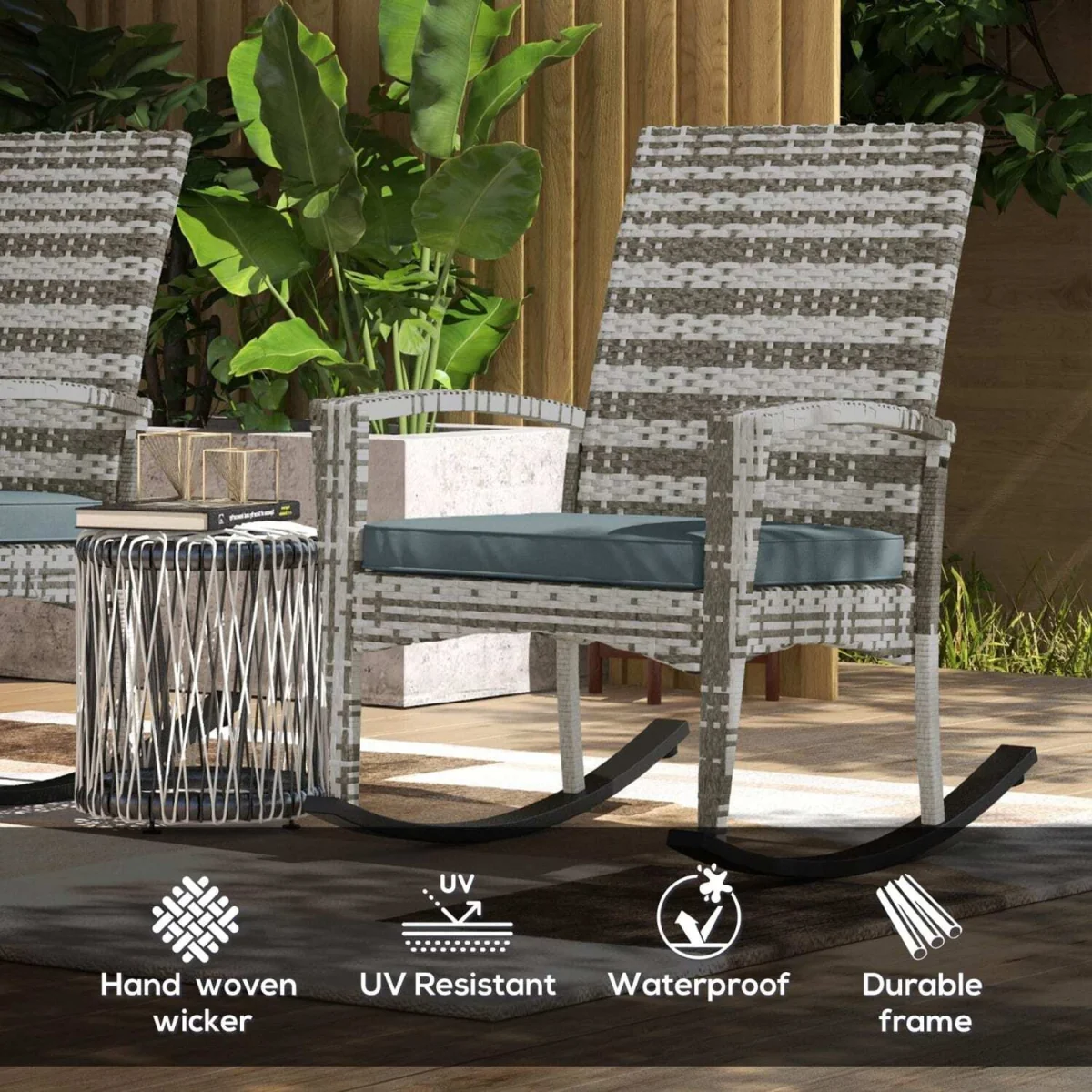 Noreke Set of 2 Light Grey Rattan Garden Rocking Chairs with Cushions – image 5