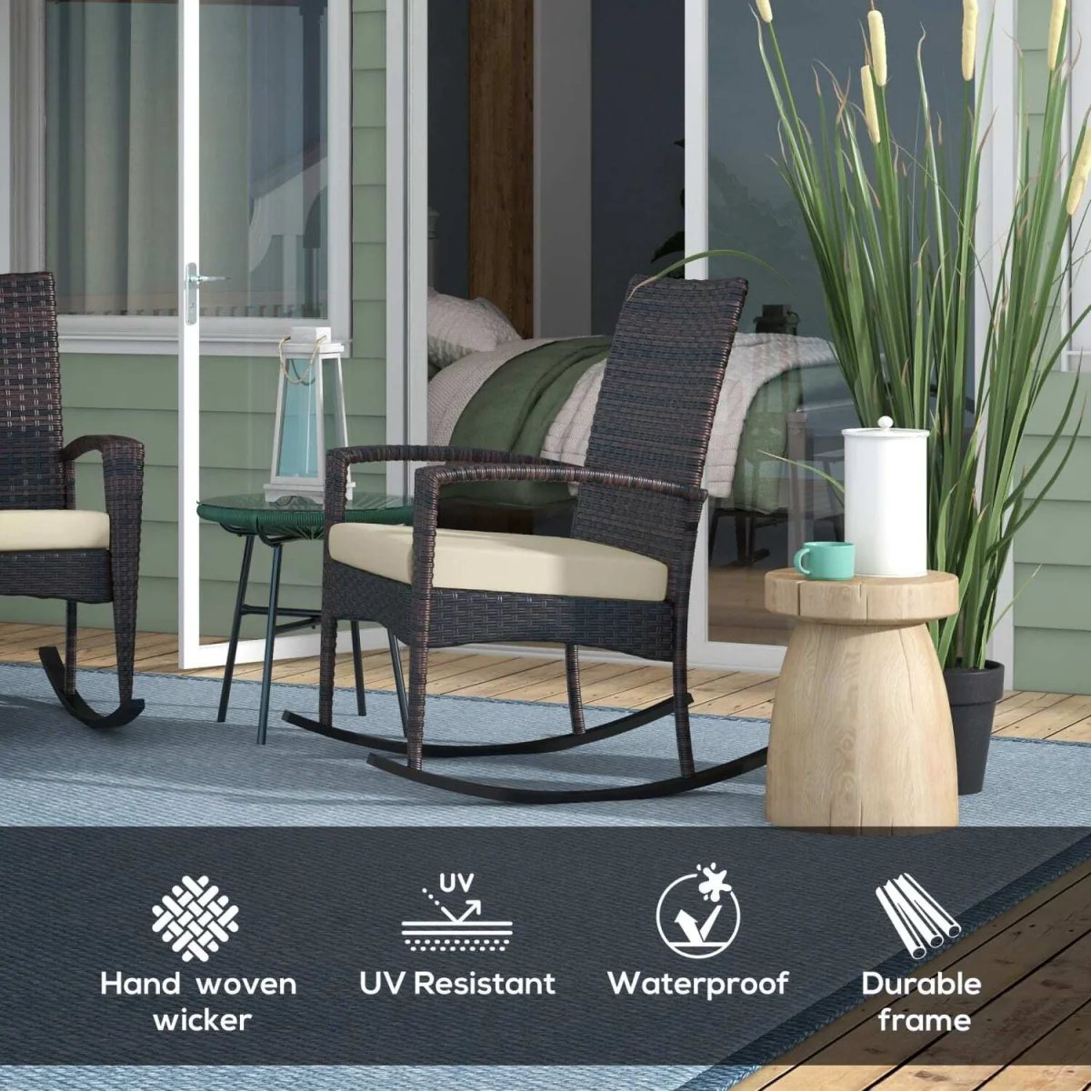 Ralave Set of 2 Brown Rattan Garden Rocking Chairs with Cushions – image 2