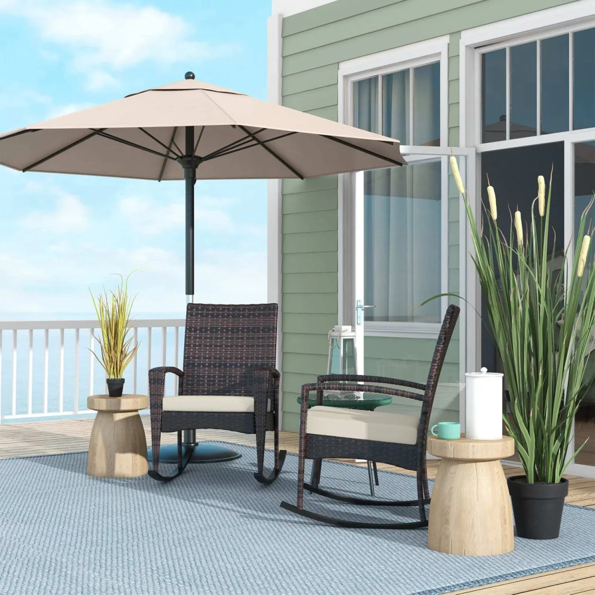 Ralave Set of 2 Brown Rattan Garden Rocking Chairs with Cushions – image 4
