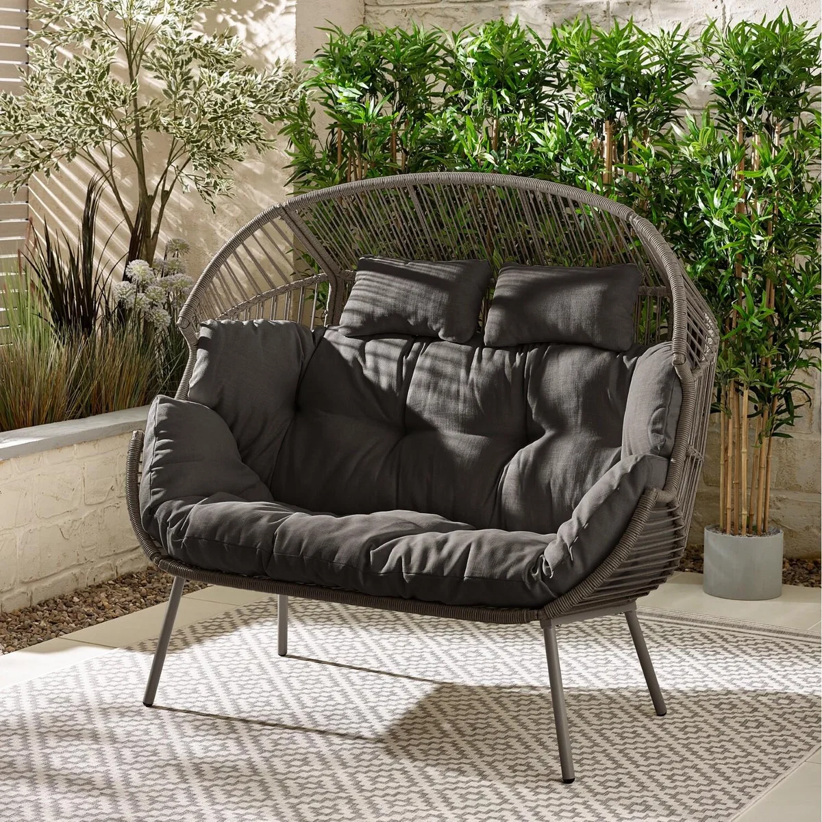 Outdoor Double Egg Chair with Cushions and Cover - PE Rattan, UV Resistant - Grey
