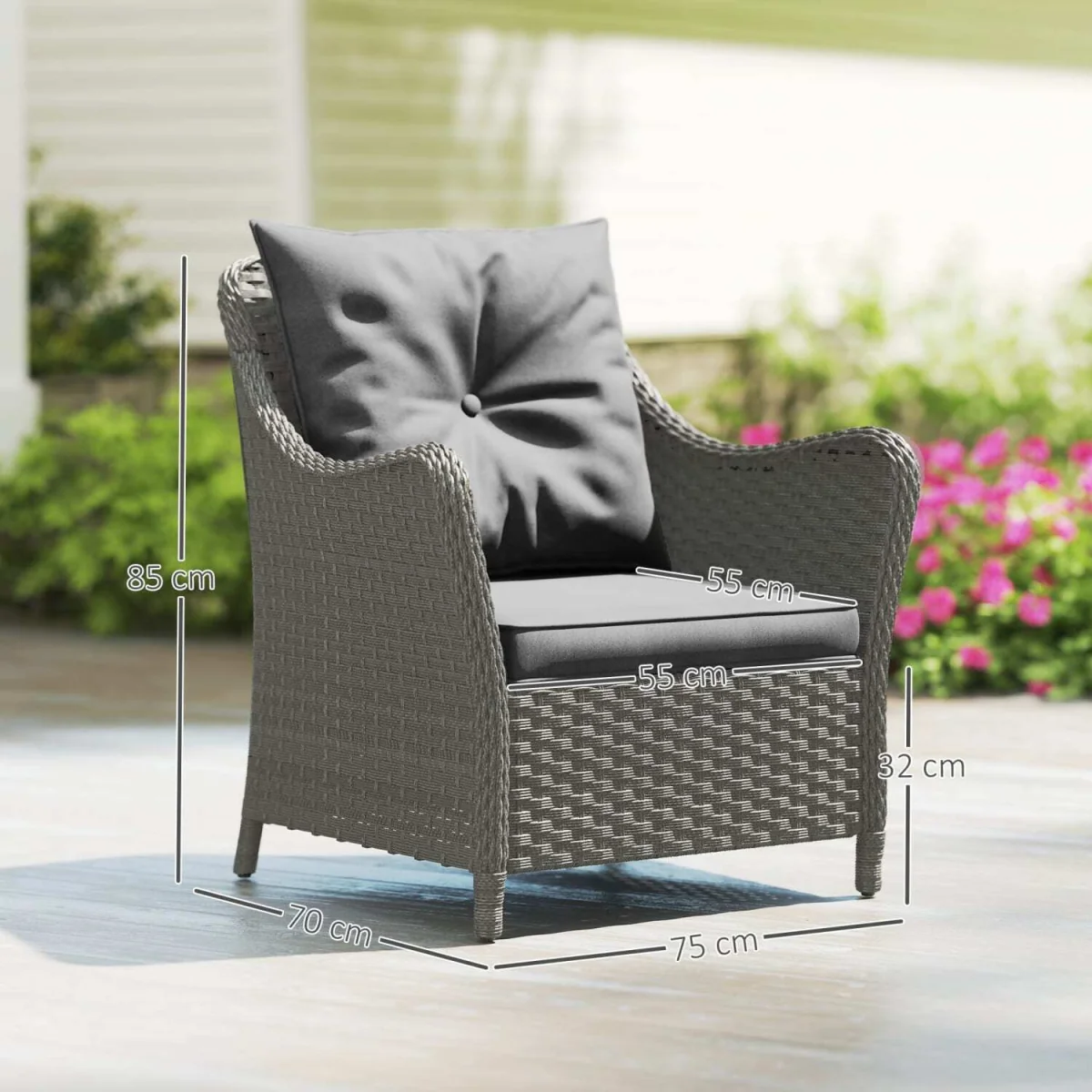 Neluli Rattan Dark Grey Set of 2 Outdoor Armchairs with Cushions and High Back – image 4