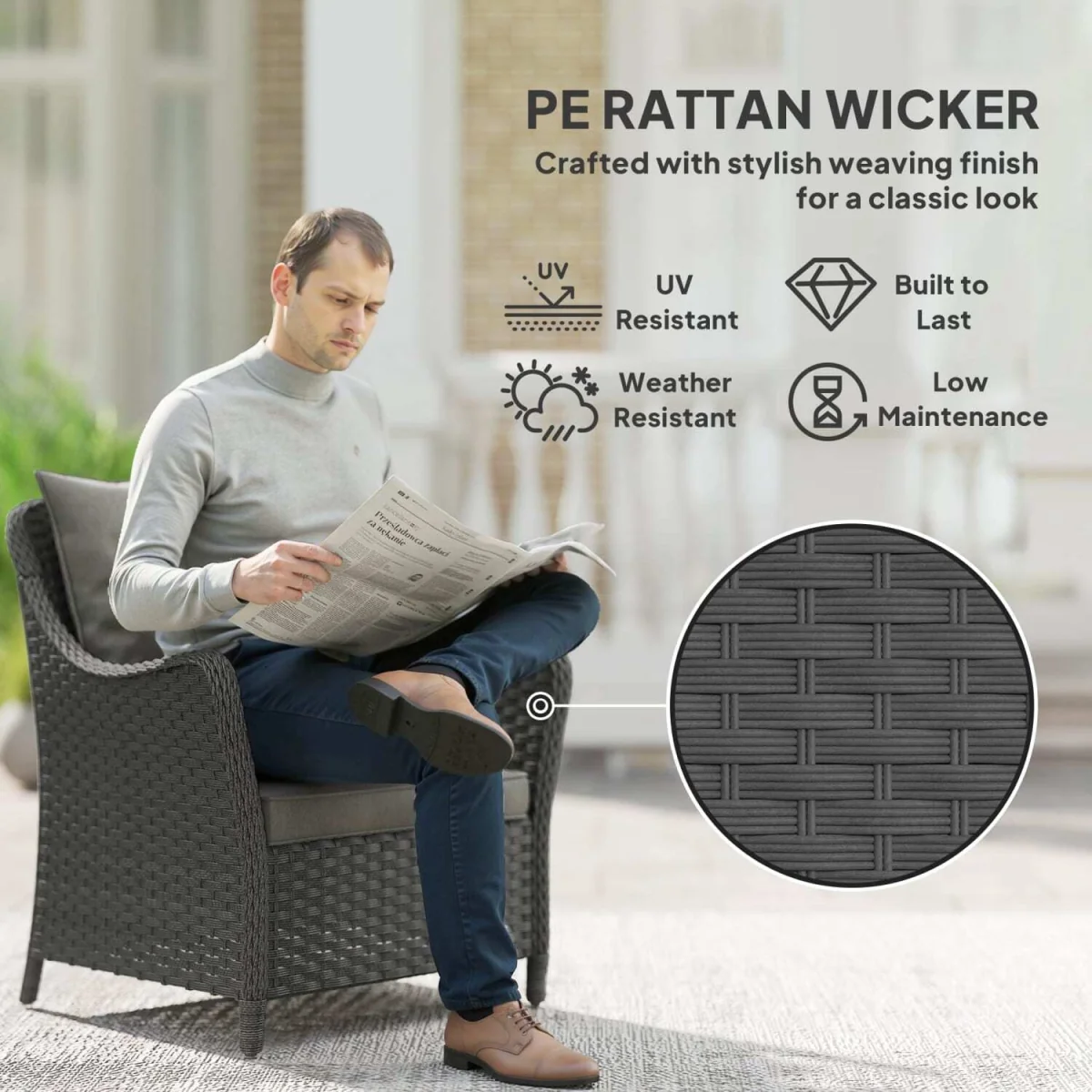 Neluli Rattan Dark Grey Set of 2 Outdoor Armchairs with Cushions and High Back – image 5