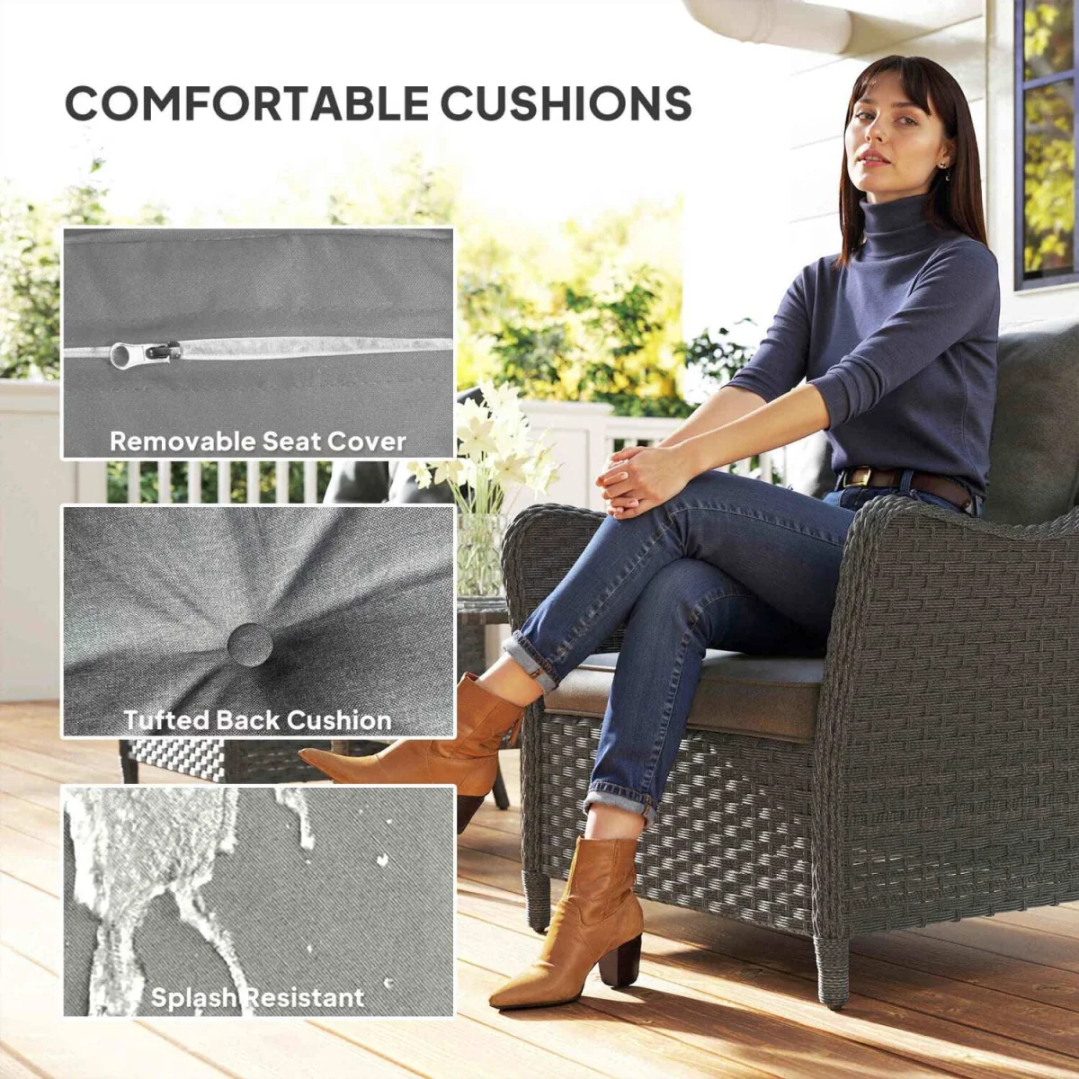 Neluli Rattan Dark Grey Set of 2 Outdoor Armchairs with Cushions and High Back – image 6