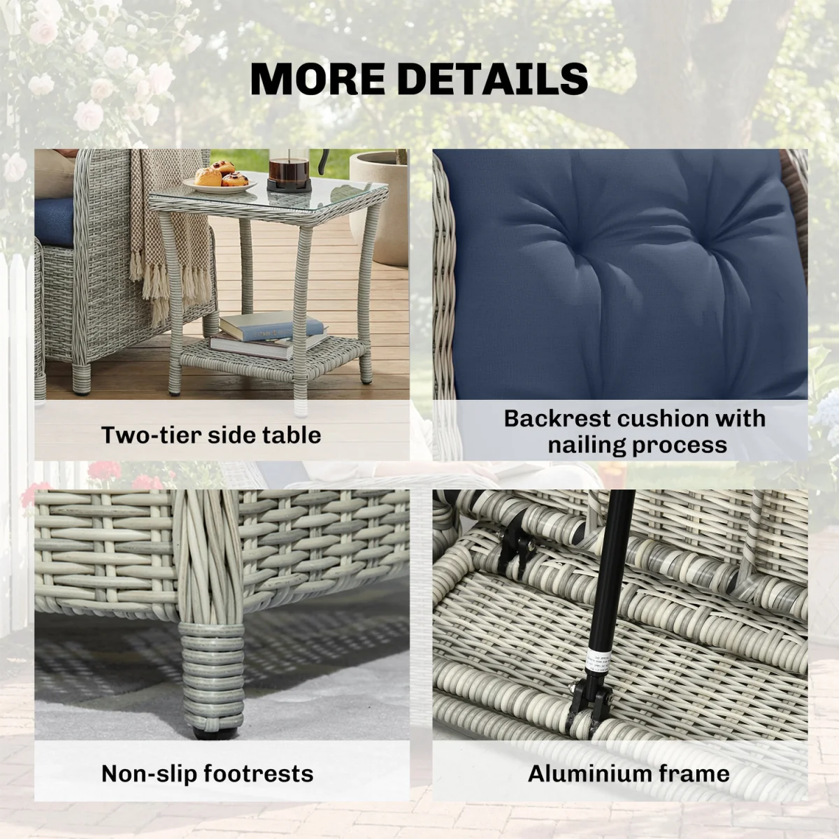 Outsunny Garden Furniture Set, Rattan Reclining Garden Chair Set - Blue – image 2
