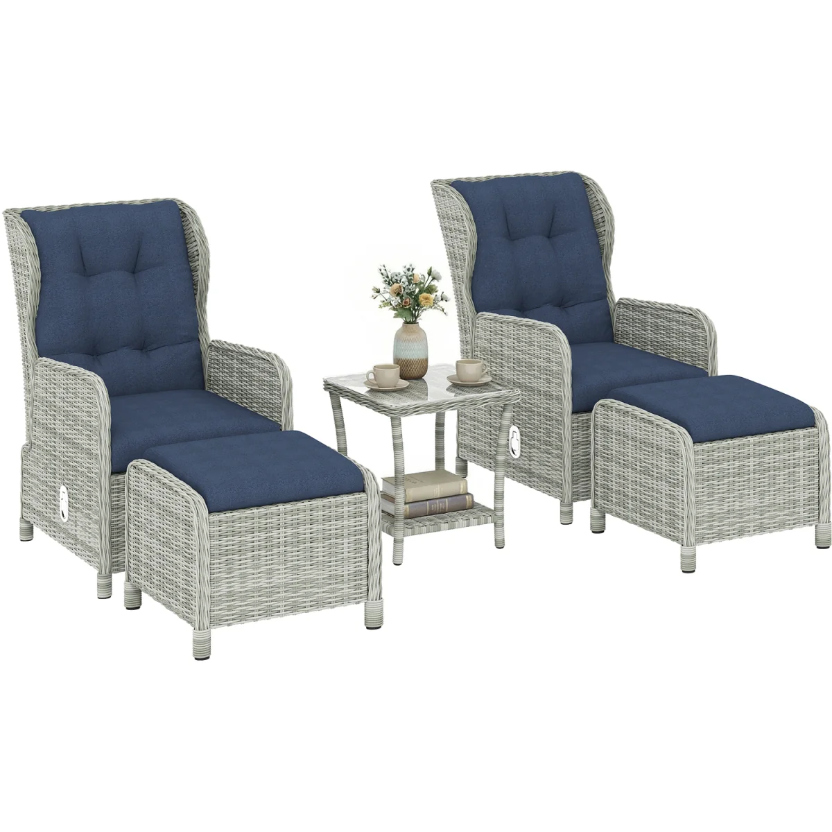 Outsunny Garden Furniture Set, Rattan Reclining Garden Chair Set - Blue – image 3