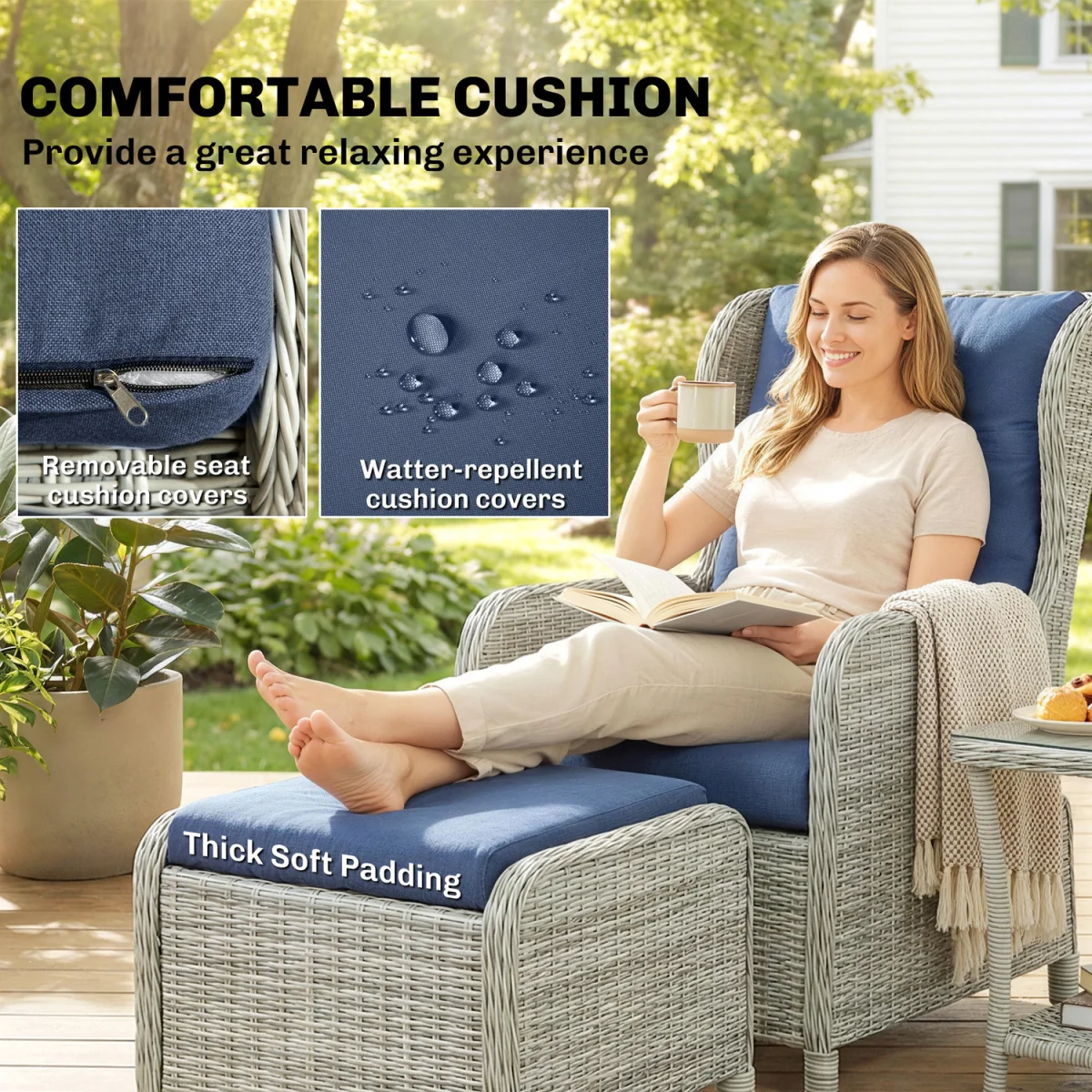 Outsunny Garden Furniture Set, Rattan Reclining Garden Chair Set - Blue – image 5