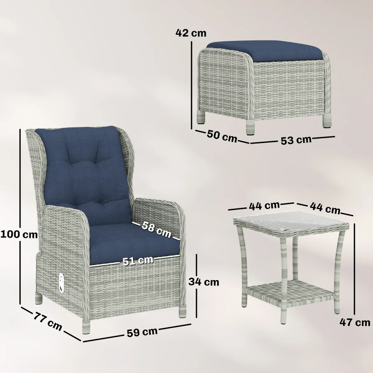 Outsunny Garden Furniture Set, Rattan Reclining Garden Chair Set - Blue – image 6