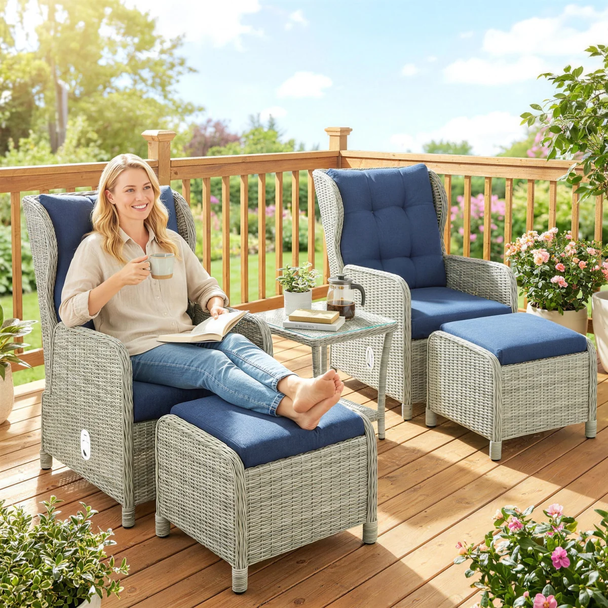 Outsunny Garden Furniture Set, Rattan Reclining Garden Chair Set - Blue – image 7
