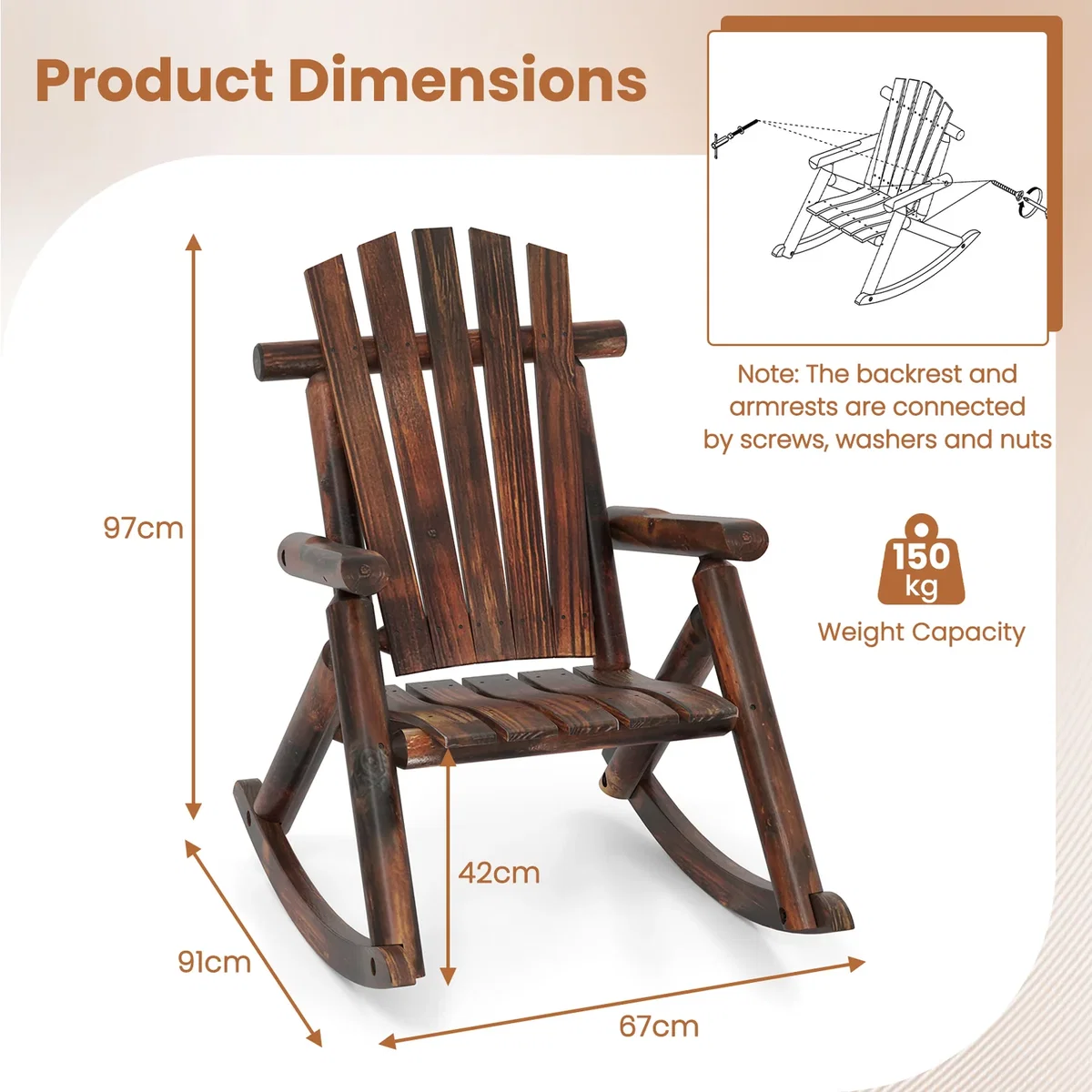 Costway Outdoor Adirondack Rocking Chair - Brown – image 2