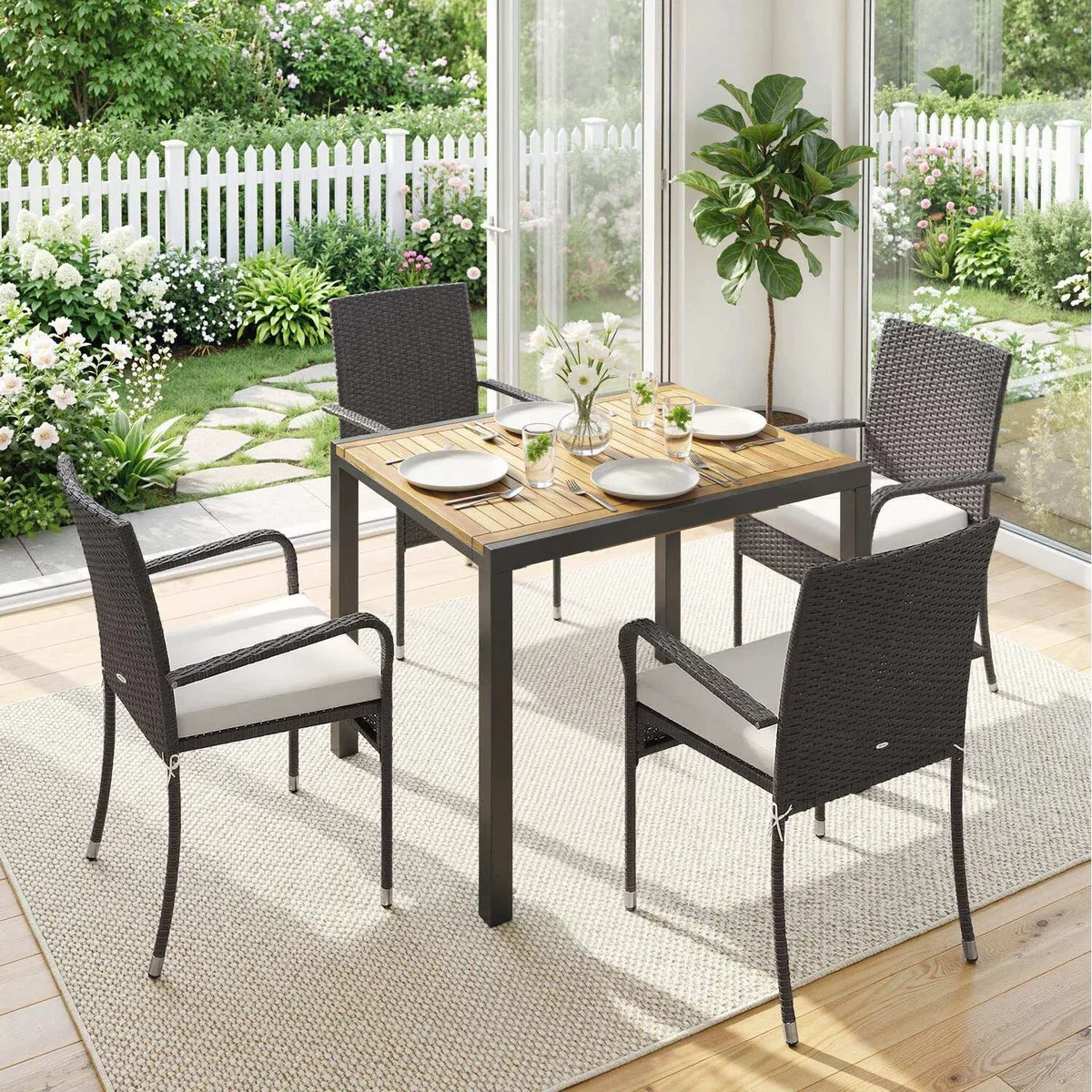 Outsunny 7 Piece Rattan Garden Furniture Set with Stackable Chairs - White – image 2