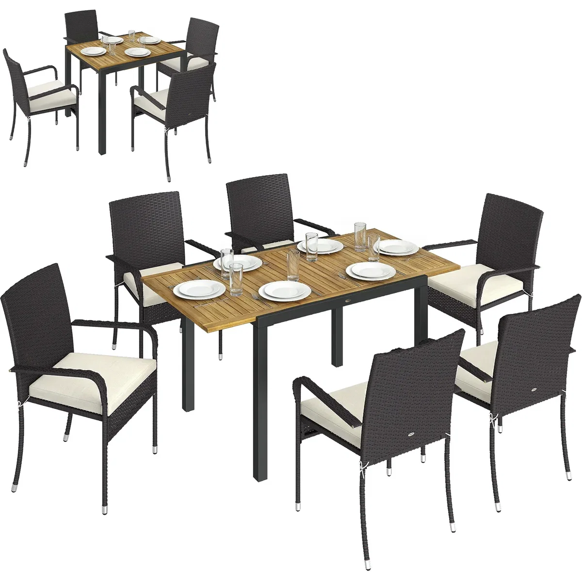 Outsunny 7 Piece Rattan Garden Furniture Set with Stackable Chairs - White – image 6
