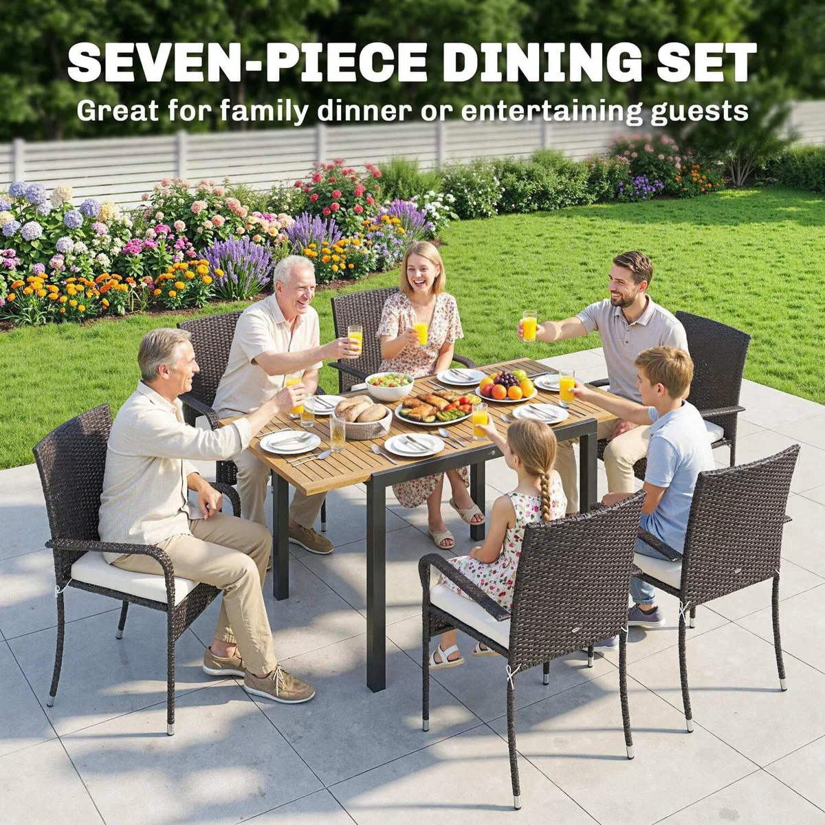 Outsunny 7 Piece Rattan Garden Furniture Set with Stackable Chairs - White – image 7