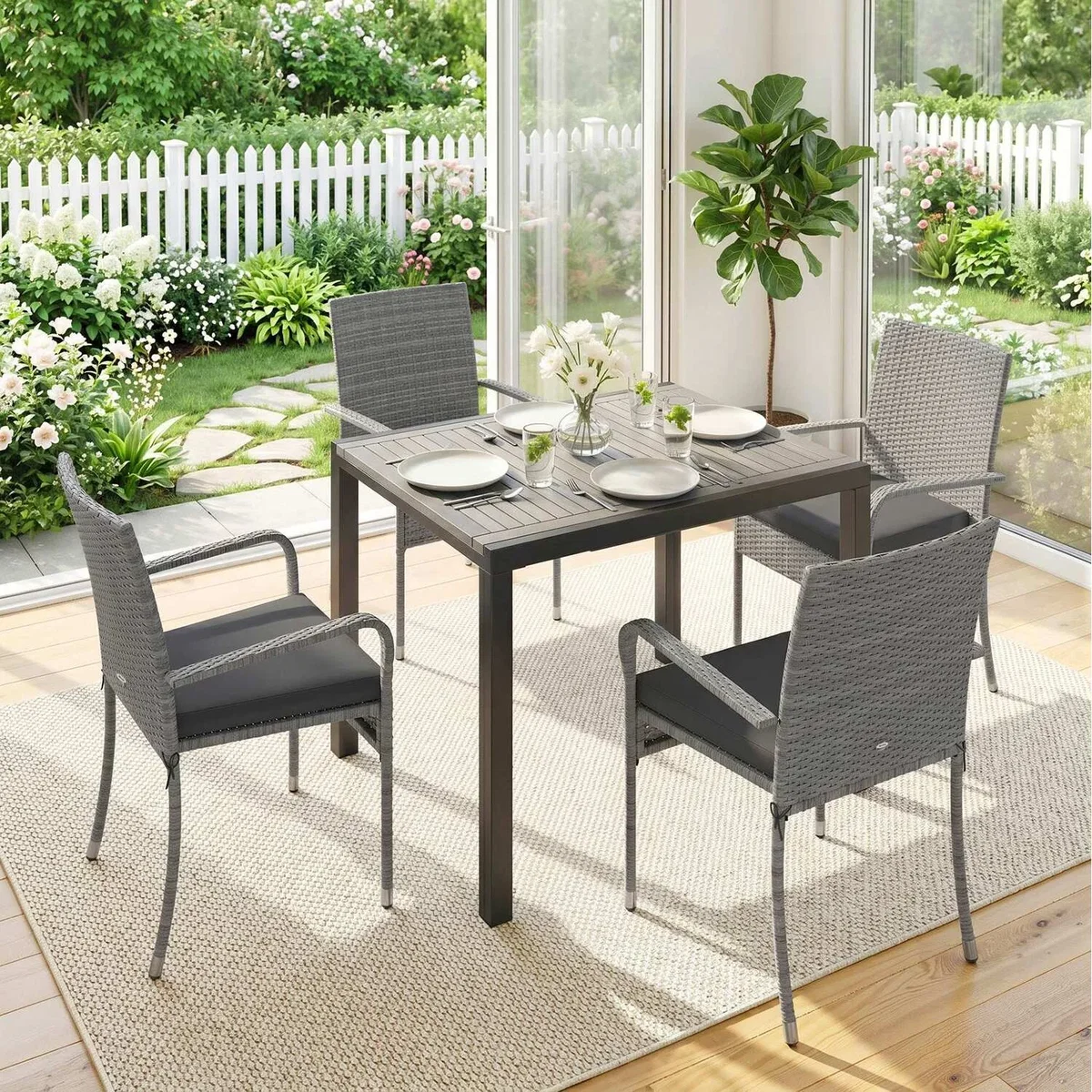Outsunny 7 Piece Rattan Garden Furniture Set with Stackable Chairs - White – image 10