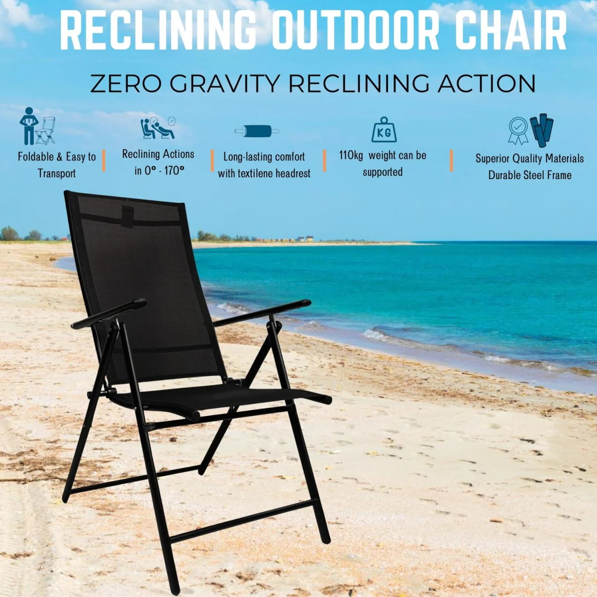 Outdoor Garden Patio Multi Position Reclining Folding Chair in Black - Black – image 13