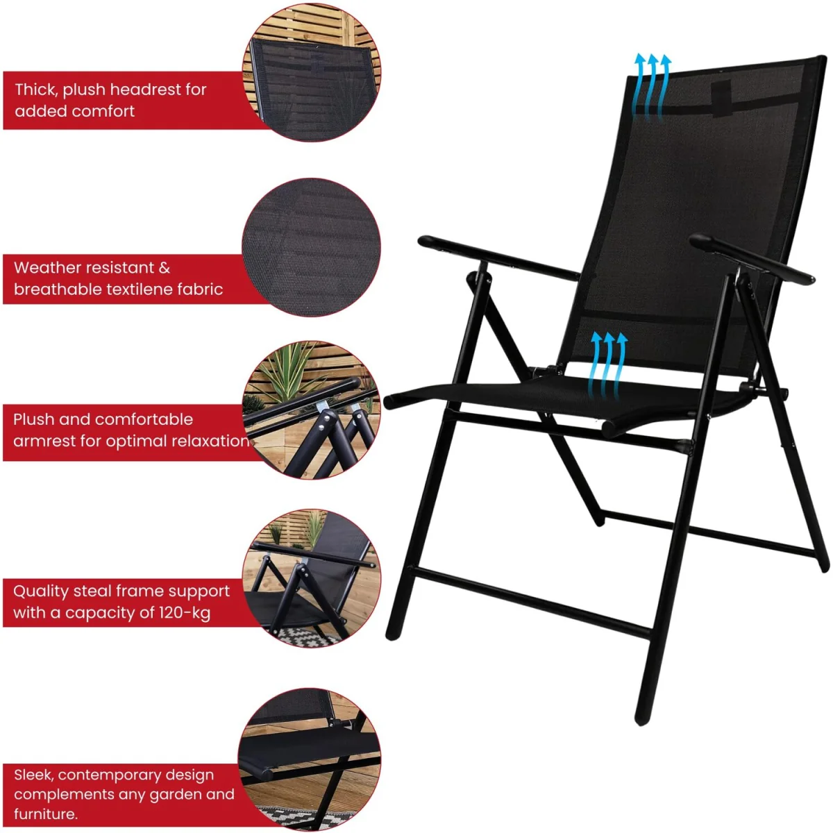 Outdoor Garden Patio Multi Position Reclining Folding Chair in Black - Black – image 15