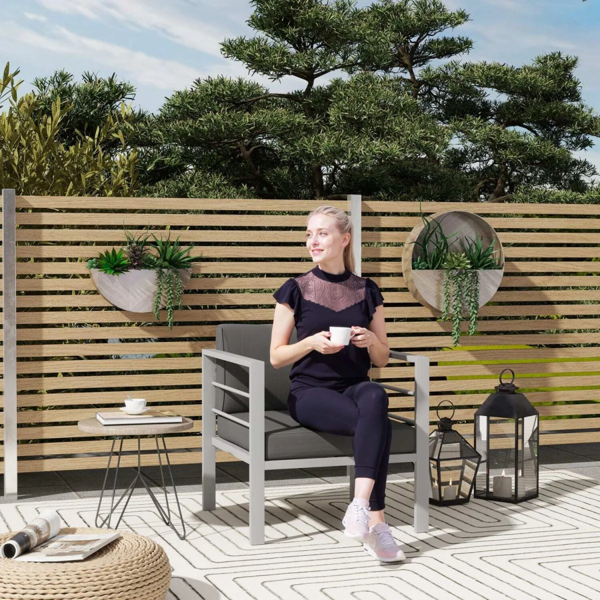 Ketael Set of 2 Charcoal Grey Outdoor Metal Garden Chairs with Cushions – image 5