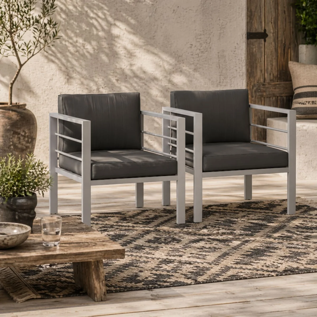 Ketael Set of 2 Charcoal Grey Outdoor Metal Garden Chairs with Cushions – image 1