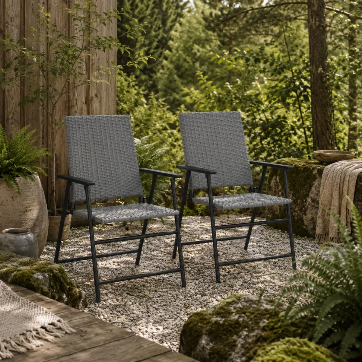 Yoriha Grey Rattan Folding Garden Chairs Set of 2 – image 1