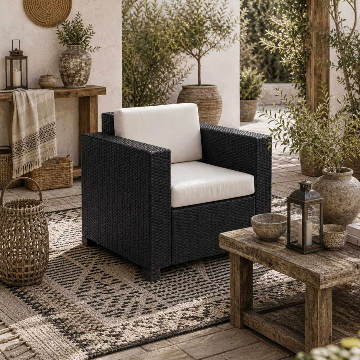 Raco Black Rattan Single Outdoor Armchair with Thick Cushioned Seat and Armrests – image 1