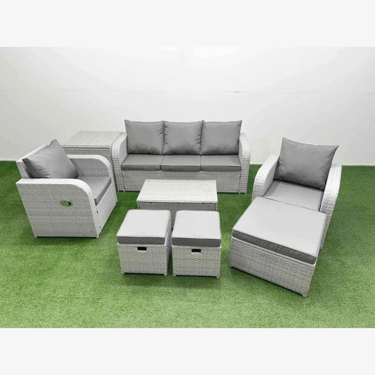 Fimous PE Rattan 8-Piece Garden Furniture Set with Reclining Chairs, 3-Seater Sofa and Coffee Table. - Light grey rattan with dark grey fabric – image 1