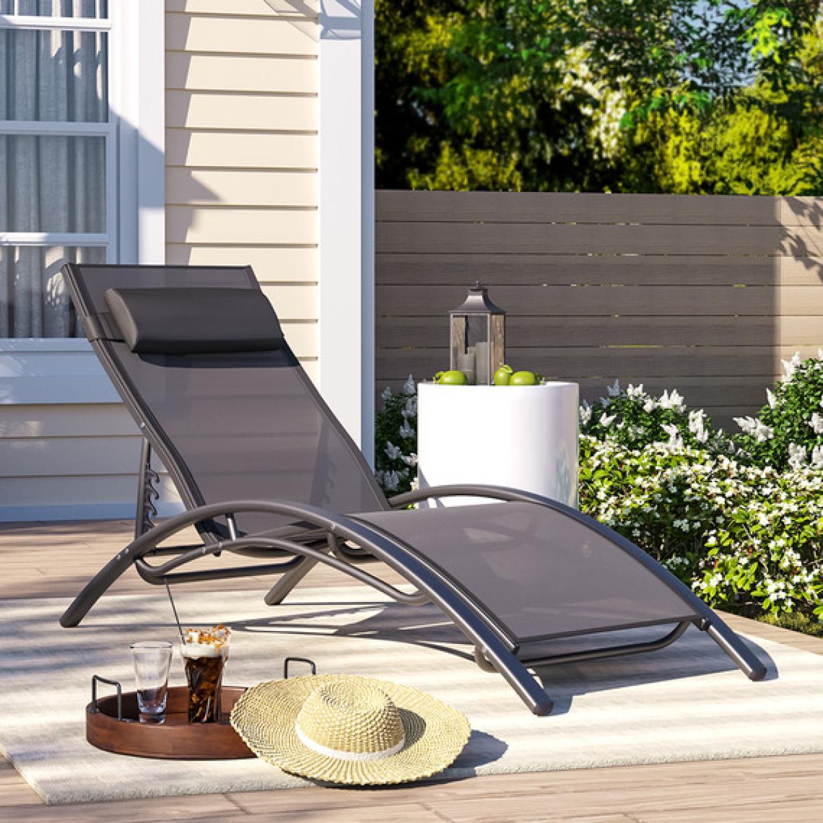 Set of 2 Outdoor Adjustable Reclining Chaise Lounge Chair - Black