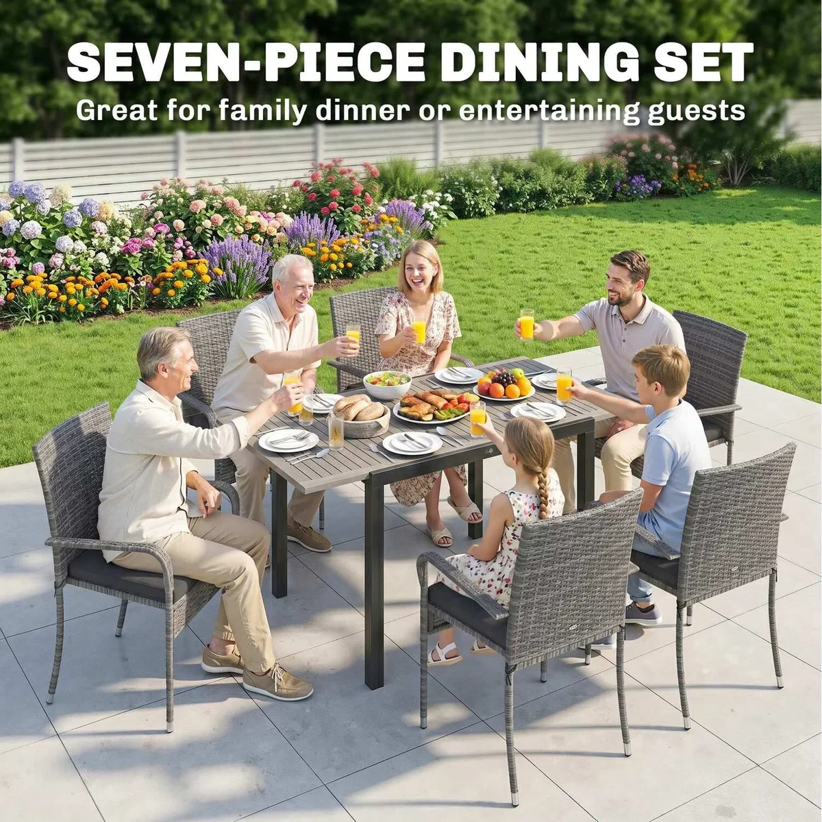 Outsunny 7 Piece Rattan Garden Furniture Set with Stackable Chairs - Light Grey – image 6