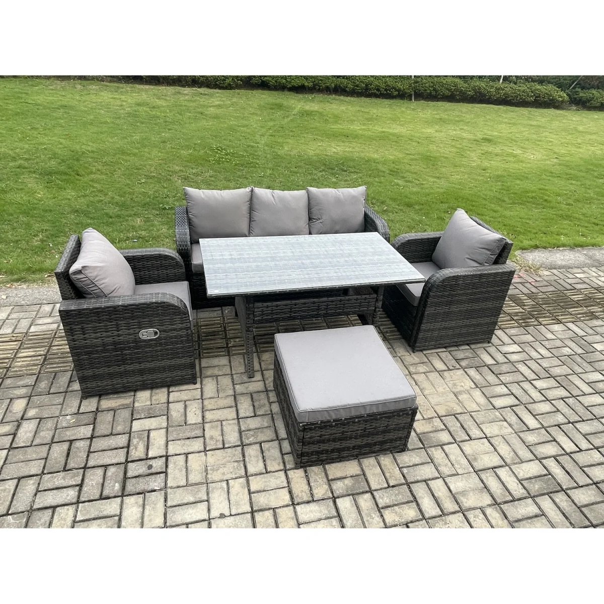 Fimous 5-Piece PE Rattan Garden Furniture Set with Reclining Chairs and Rectangular Glass Table - Dark Grey – image 5