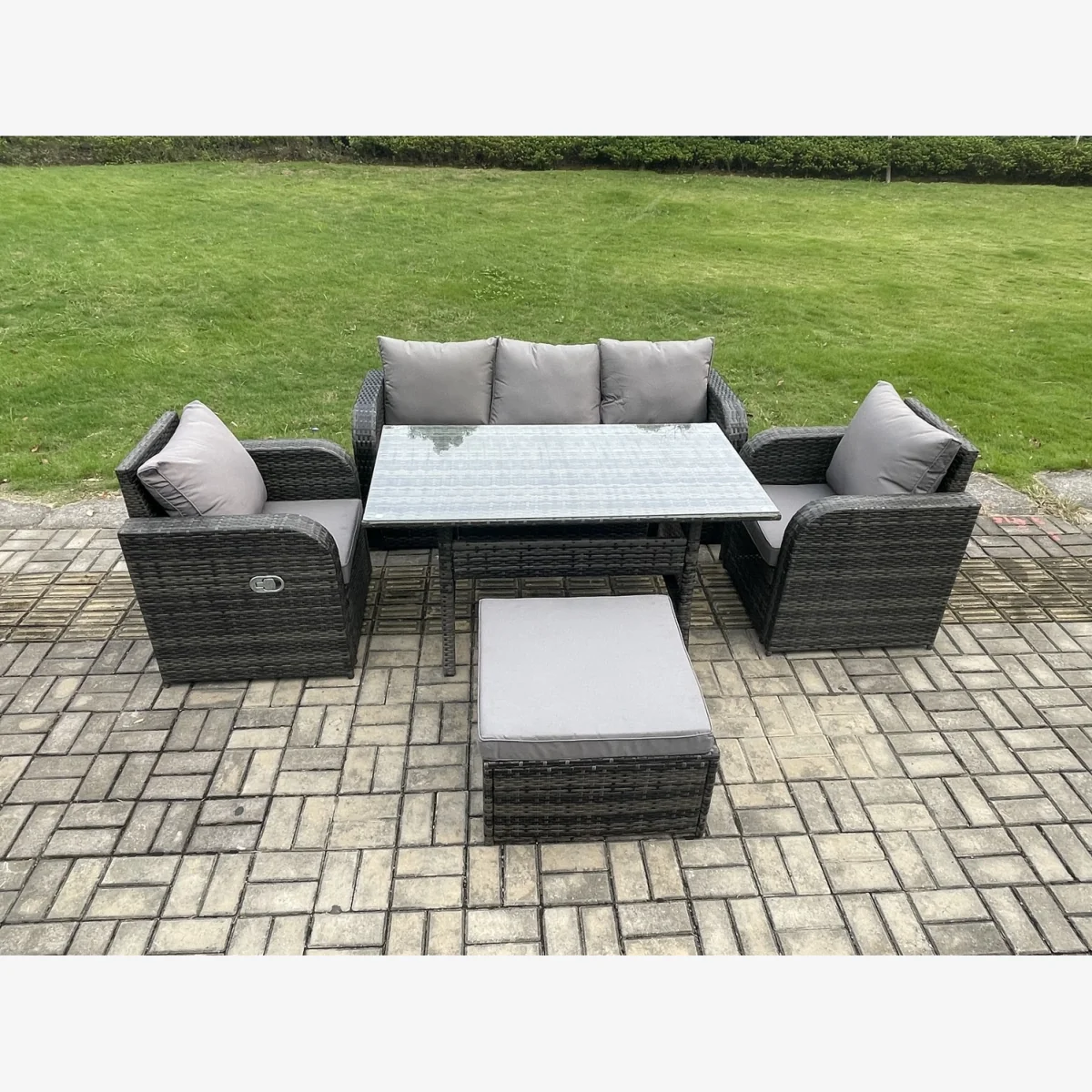 Fimous 5-Piece PE Rattan Garden Furniture Set with Reclining Chairs and Rectangular Glass Table - Dark Grey – image 1