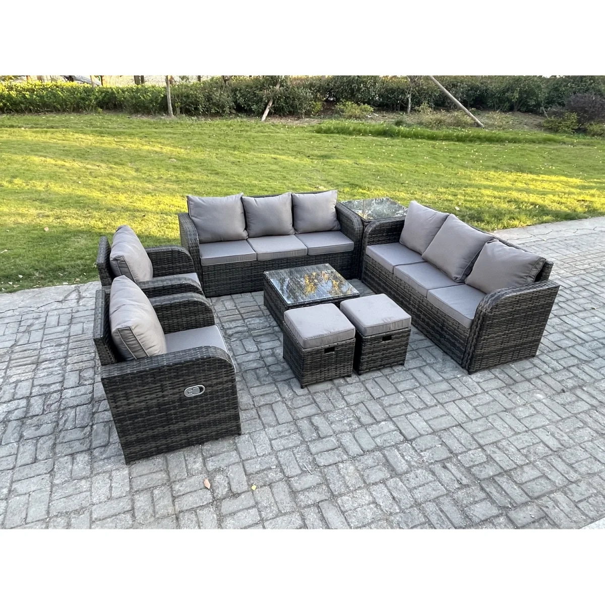 Fimous High Back Rattan Garden Furniture Set with Tempered Glass Tables and Reclining Chairs. - Dark Grey Mixed – image 3