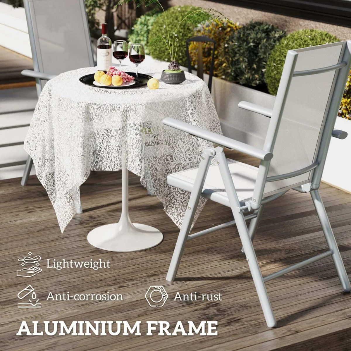 Mina Set of 2 Aluminium Light Grey Folding Outdoor Dining Chairs with Breathable Mesh – image 4