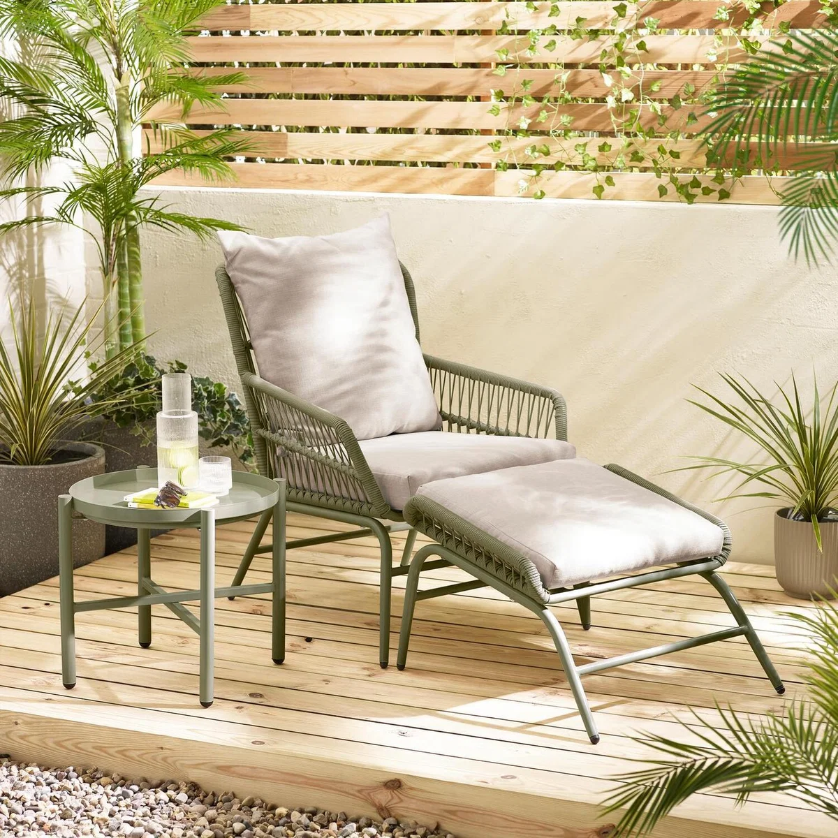 Lyon Outdoor Chair, Footstool and Table Set - Metal and Rattan - Green