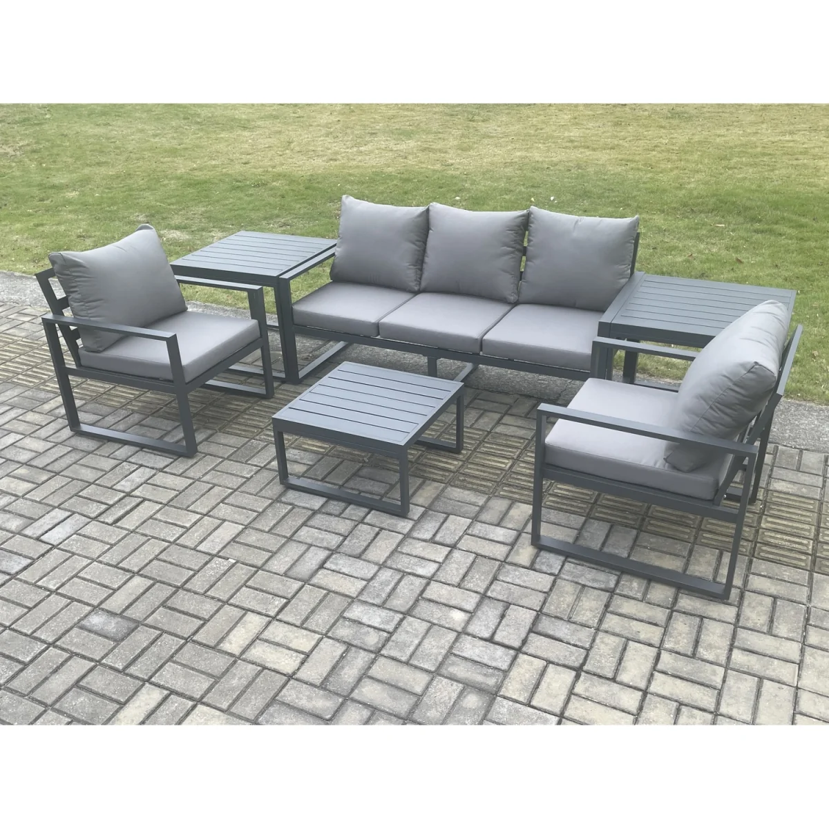 Fimous Aluminium Outdoor Garden Furniture Set with 3-Seater Sofa, 2 Chairs and 3 Tables. - Dark Grey – image 2