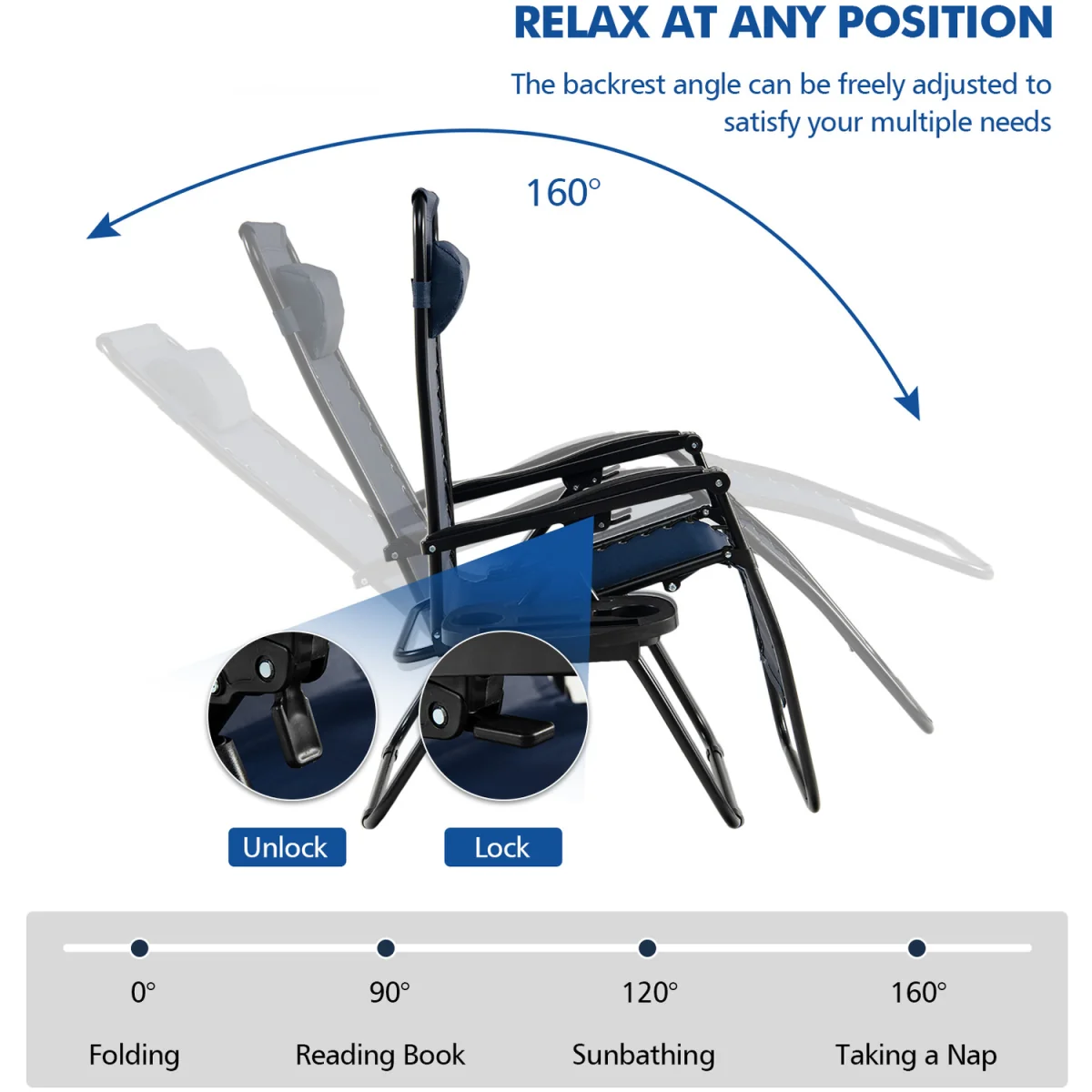 Outdoor Folding Patio Recliner Zero Gravity Chair - Blue / 83cm – image 2
