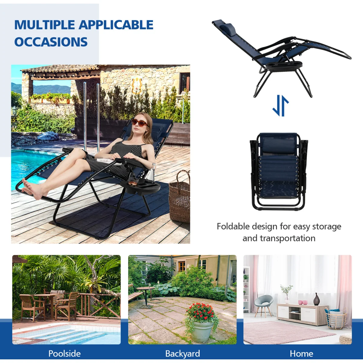 Outdoor Folding Patio Recliner Zero Gravity Chair - Blue / 83cm – image 6