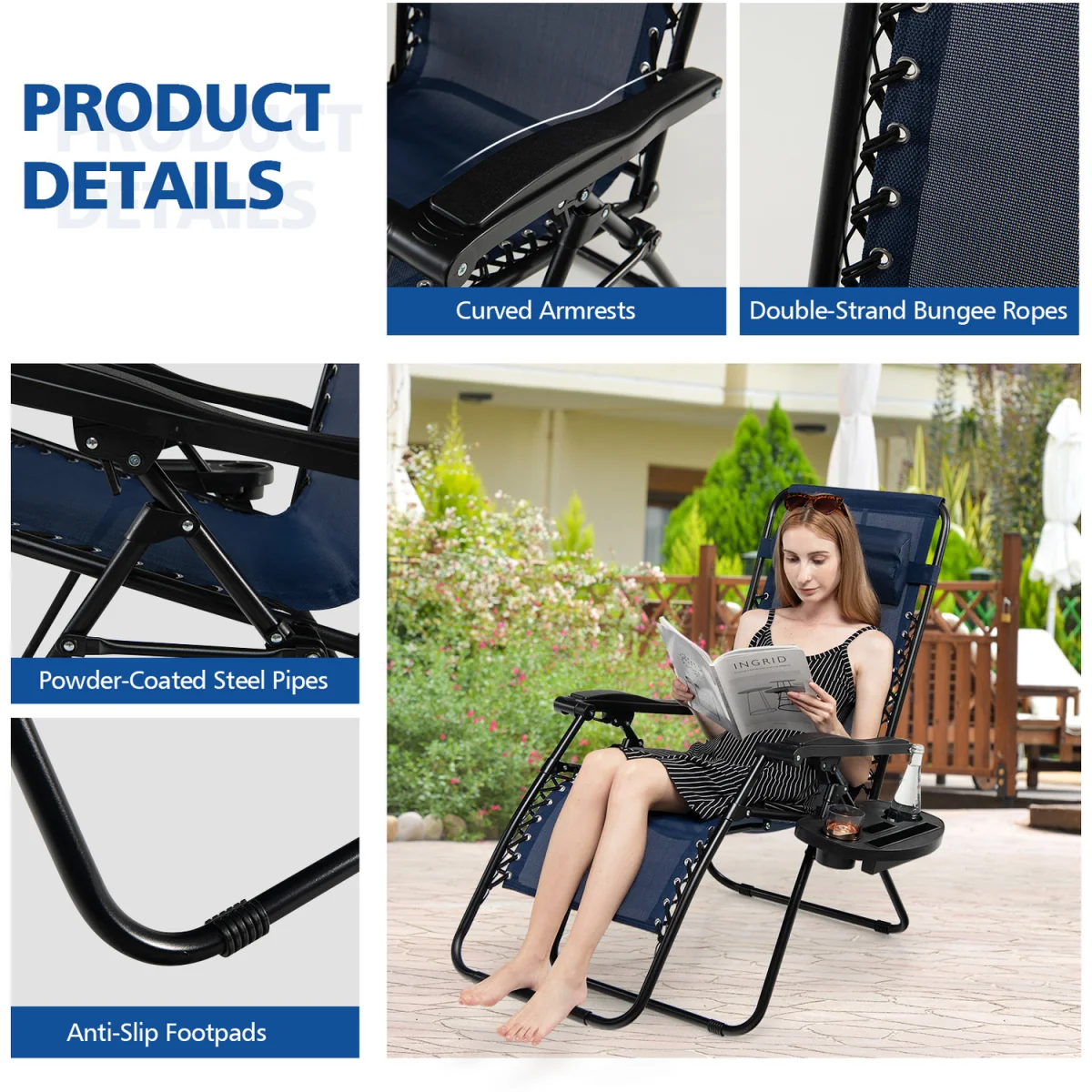 Outdoor Folding Patio Recliner Zero Gravity Chair - Blue / 83cm – image 7
