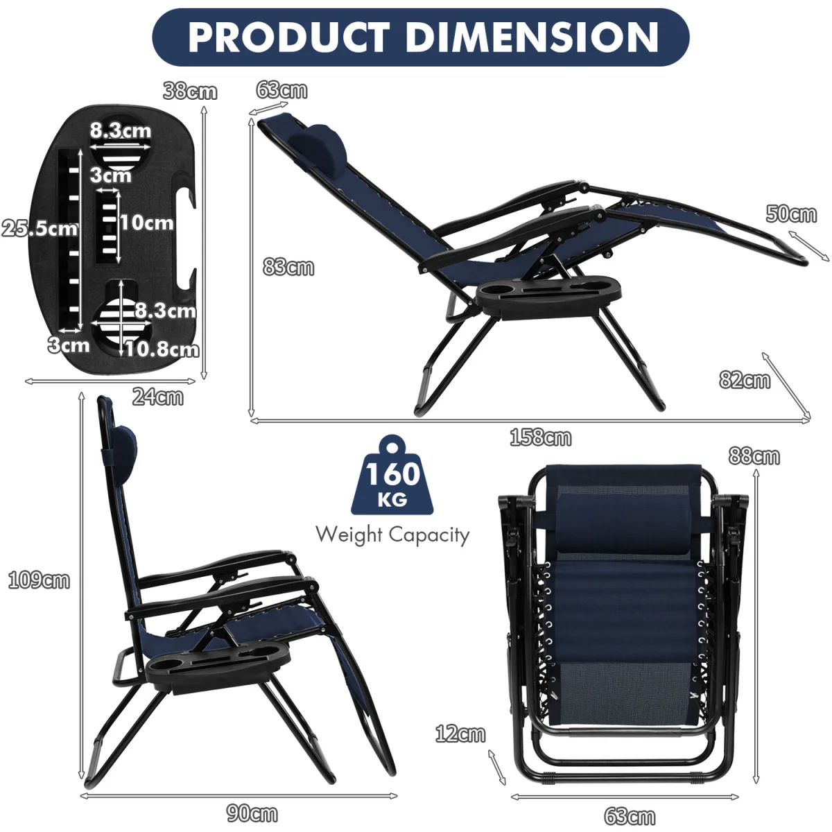 Outdoor Folding Patio Recliner Zero Gravity Chair - Blue / 83cm – image 8